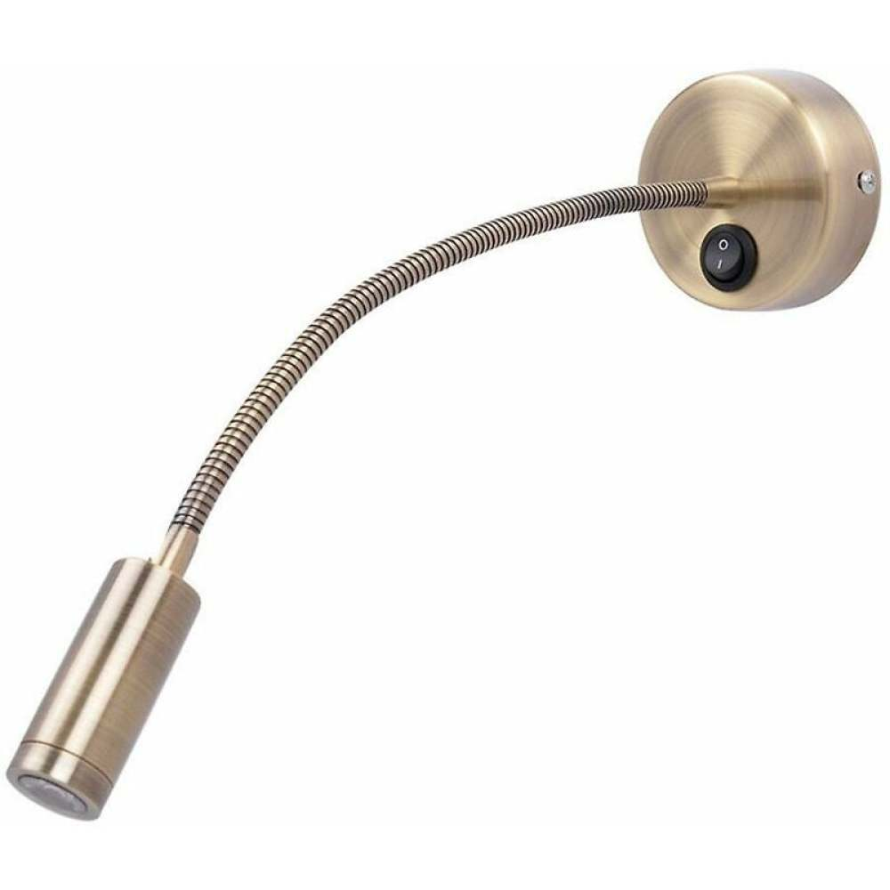 Eine bronze farbene Wand-Leselampe. Sie hat einen flexiblen Hals und einen zylindrischen Lampenkopf. Am Sockel befindet sich ein Schalter.