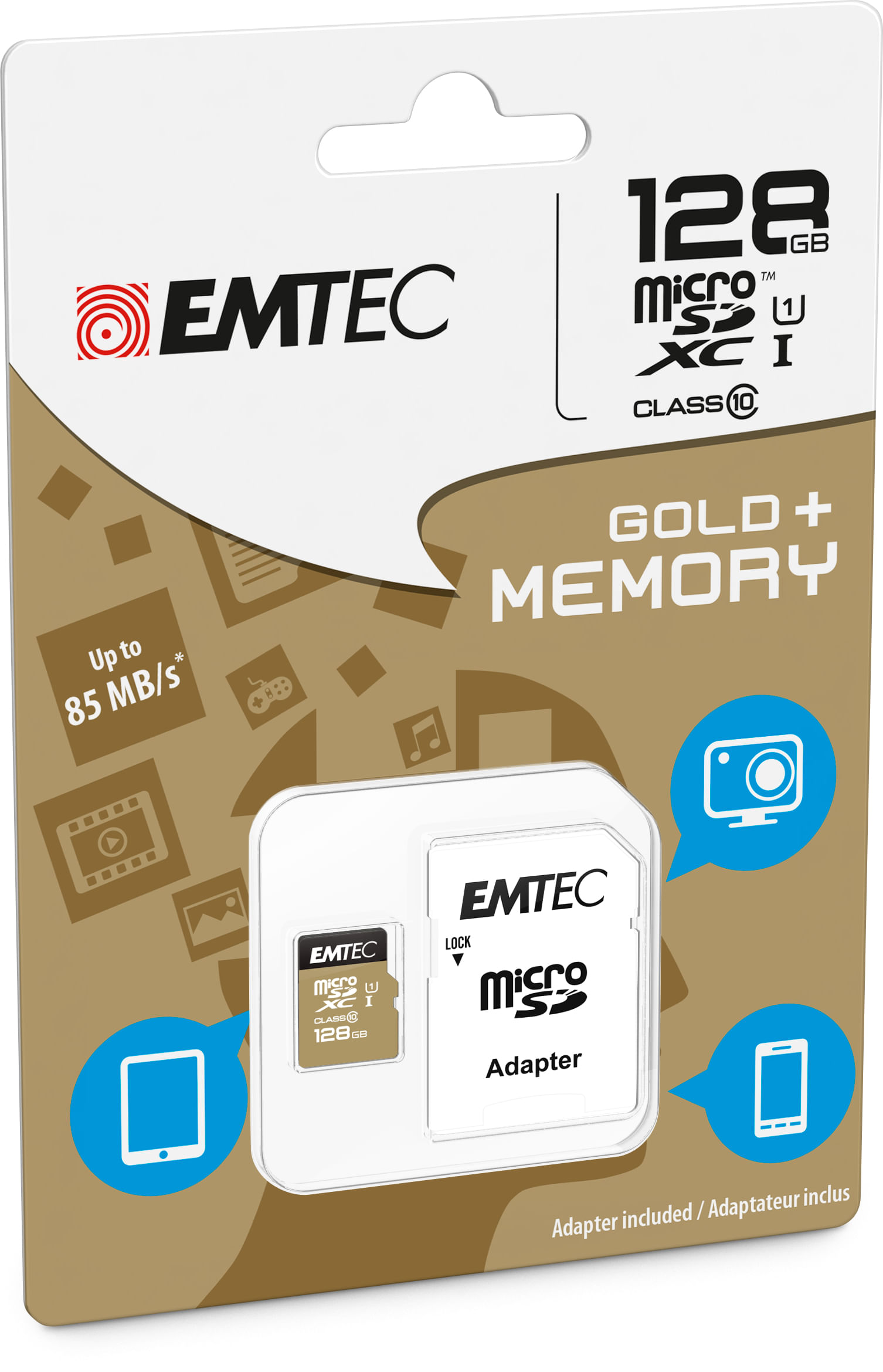 Un paquete para una tarjeta Micro SD de 128 GB de EMTEC. Incluye un adaptador y ofrece una velocidad de hasta 85 MB/s.