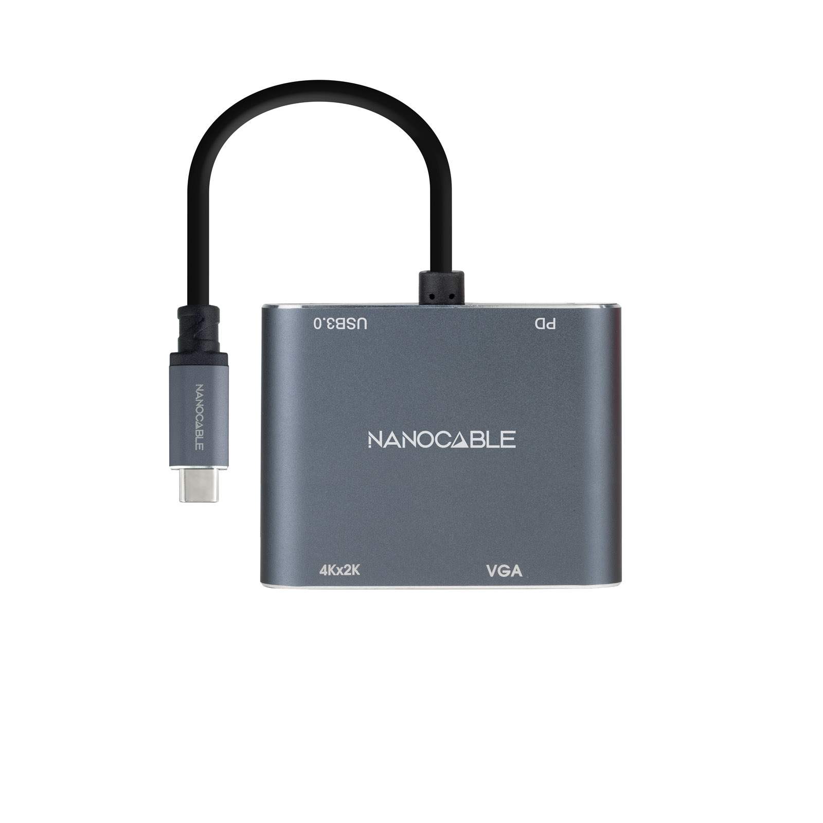 Ein grauer Nanocable-Adapter mit USB-C-Anschluss, USB 3.0-Anschluss und VGA-Anschluss.