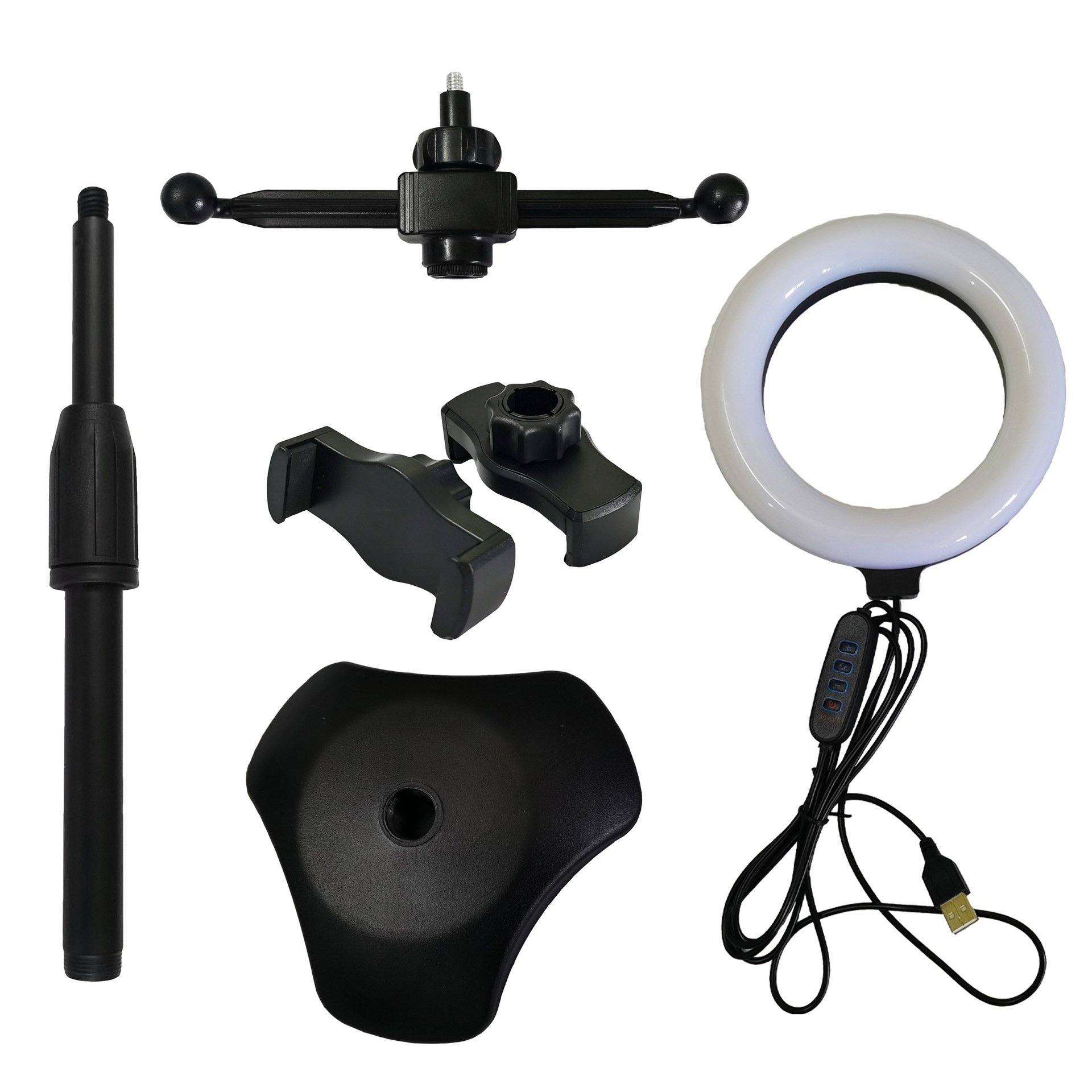 Ein zerlegtes schwarzes Ringlicht-Set mit Ständer, Telefonhalter und Sockel, Komponenten isoliert auf weißem Hintergrund.