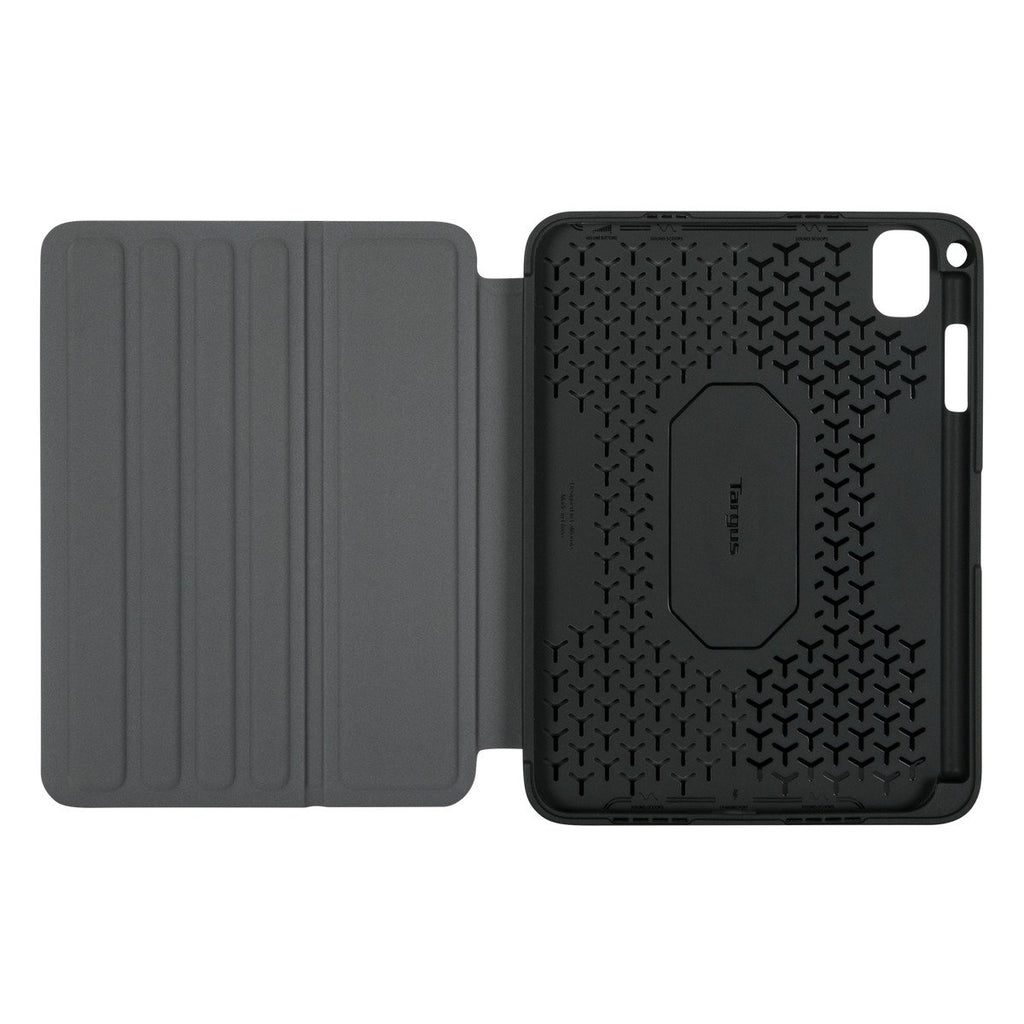 Étui de tablette ouvert. Couverture grise à gauche. L'intérieur noir a un motif géométrique et le logo Targus.