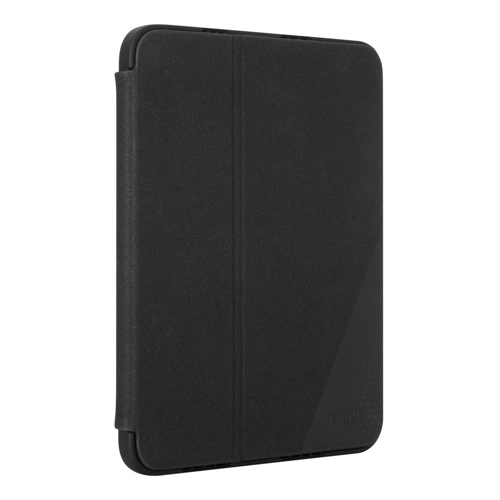 Un étui de tablette noir. L'étui est fermé, rectangulaire, avec des bords arrondis. Il a une surface texturée et un motif diagonal sur la droite.