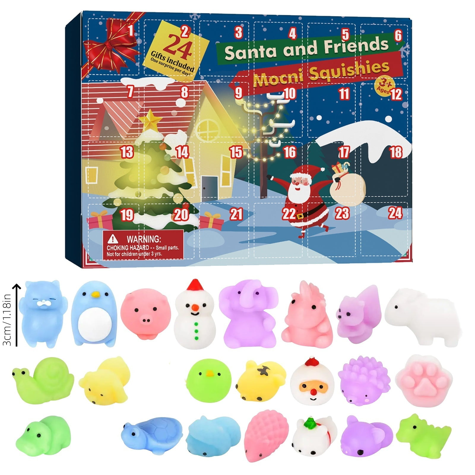 Adventskalender mit 24 Türen, Santa und Freunde Quetschies. Verschiedenfarbige, quetschbare Spielzeuge unten.