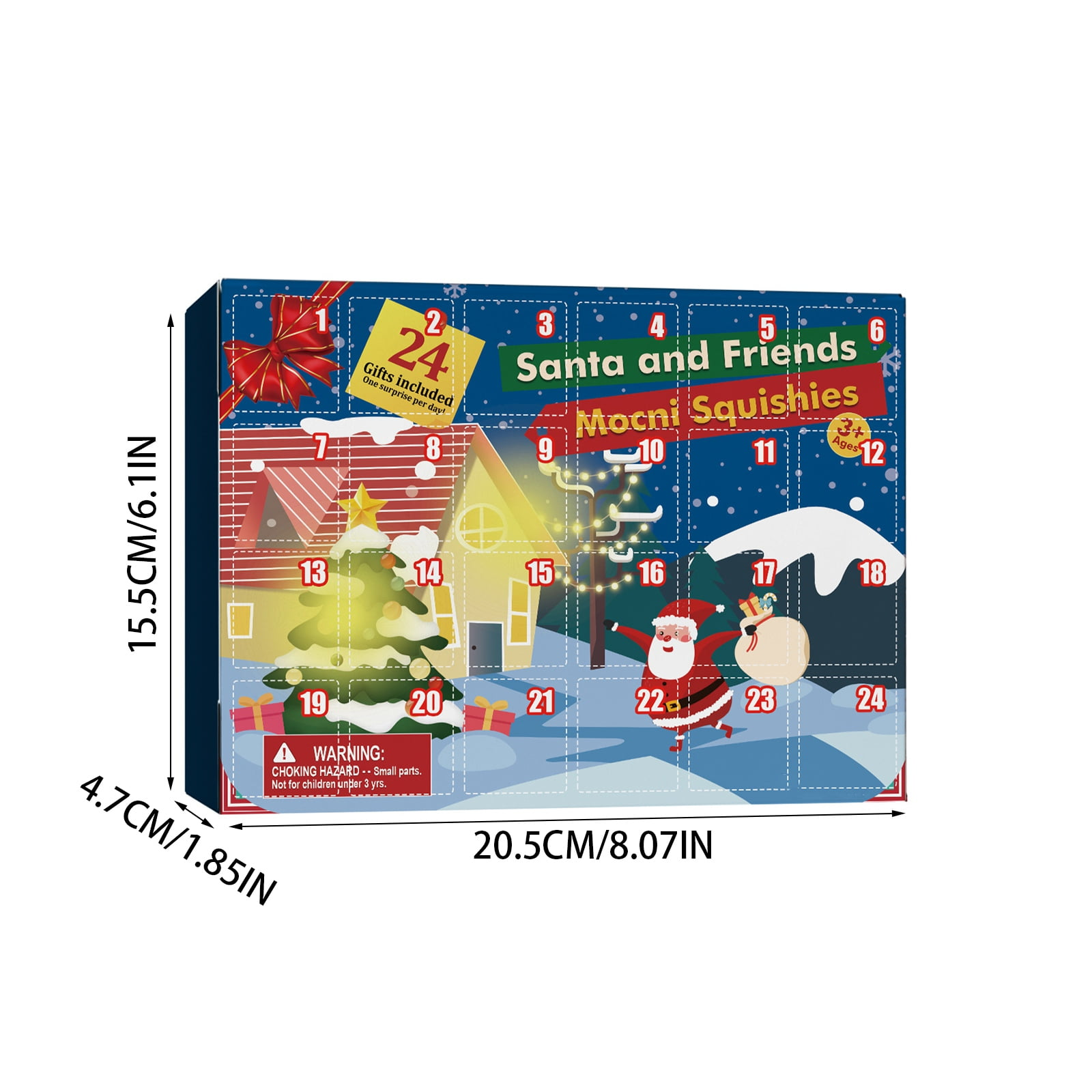 Adventskalender mit 24 Türen, Weihnachtsmann, Weihnachtsbaum, Geschenken und dem Text 'Mocni Squishies' auf blauem Hintergrund.