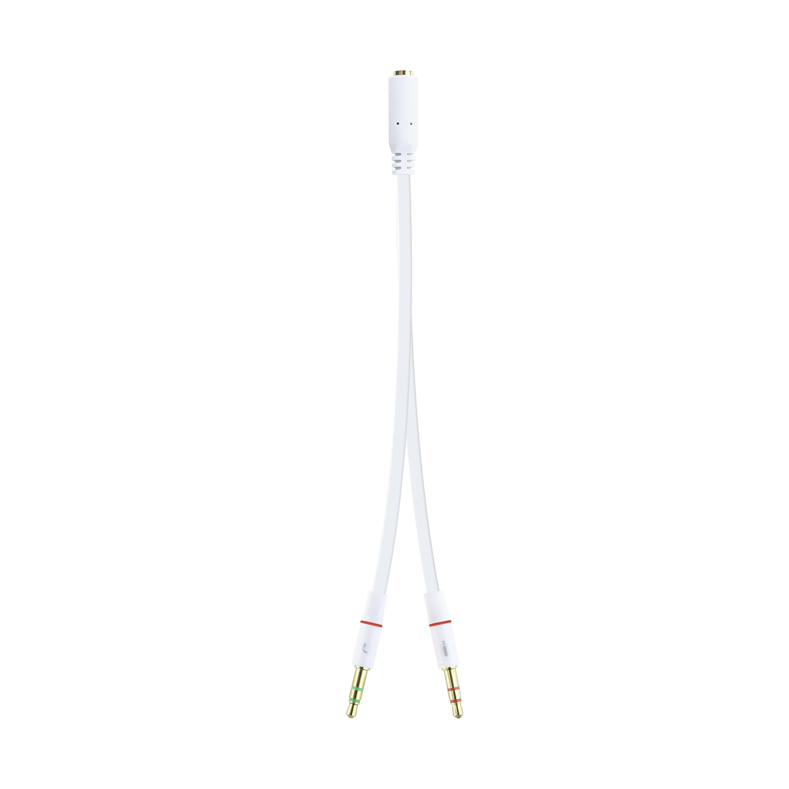 Un cable divisor de audio blanco. Tiene un conector hembra en la parte superior y dos conectores macho en la parte inferior.