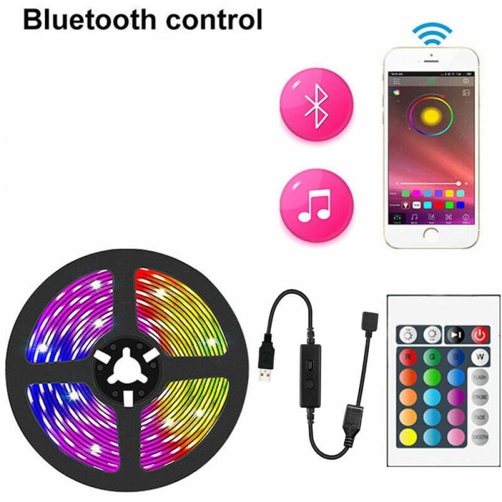 LED-Streifen, Smartphone und Fernbedienung. Rosa Knöpfe für Musik und Bluetooth. Farben auf dem Streifen und dem Telefonbildschirm.