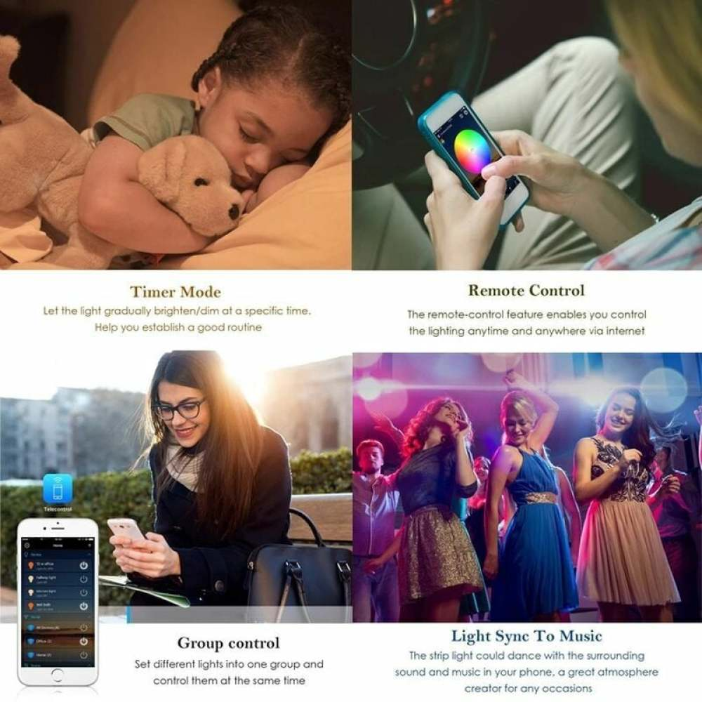 Das Bild zeigt ein schlafendes Kind, eine Person, die ein Telefon benutzt, und eine Gruppe tanzender Frauen. Text beschreibt Funktionen wie Timer, Fernbedienung.