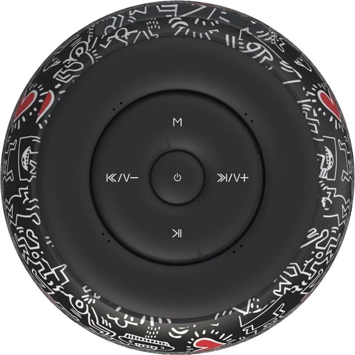 Altoparlante nero con design graffiti bianco e cuori rossi. Il centro ha pulsanti di controllo. Pulsante di accensione al centro.