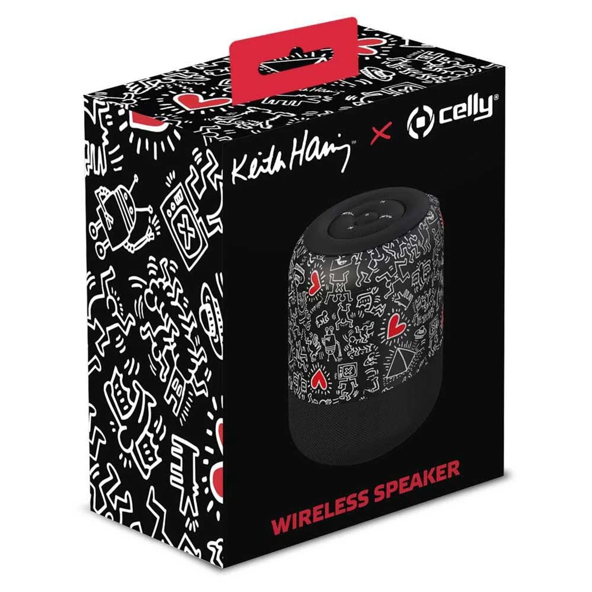 Una scatola con un altoparlante all'interno. La scatola è nera con disegni bianchi, una maniglia rossa e la scritta 'Wireless Speaker'.