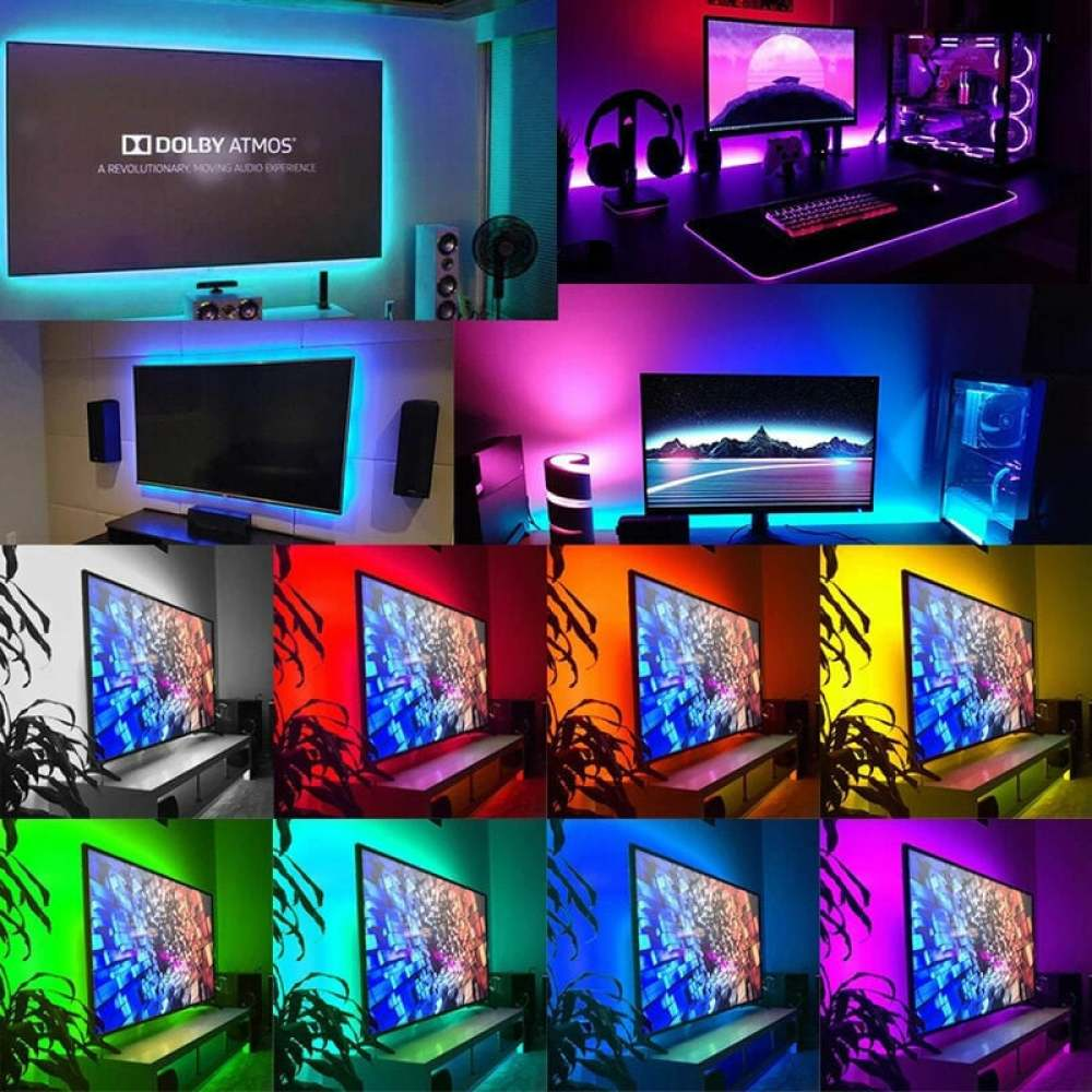 Collage von Zimmern mit Fernsehern und Computern, beleuchtet mit farbigen LED-Streifen. Zeigt Gaming-Setup und Heimkino-Beispiele.