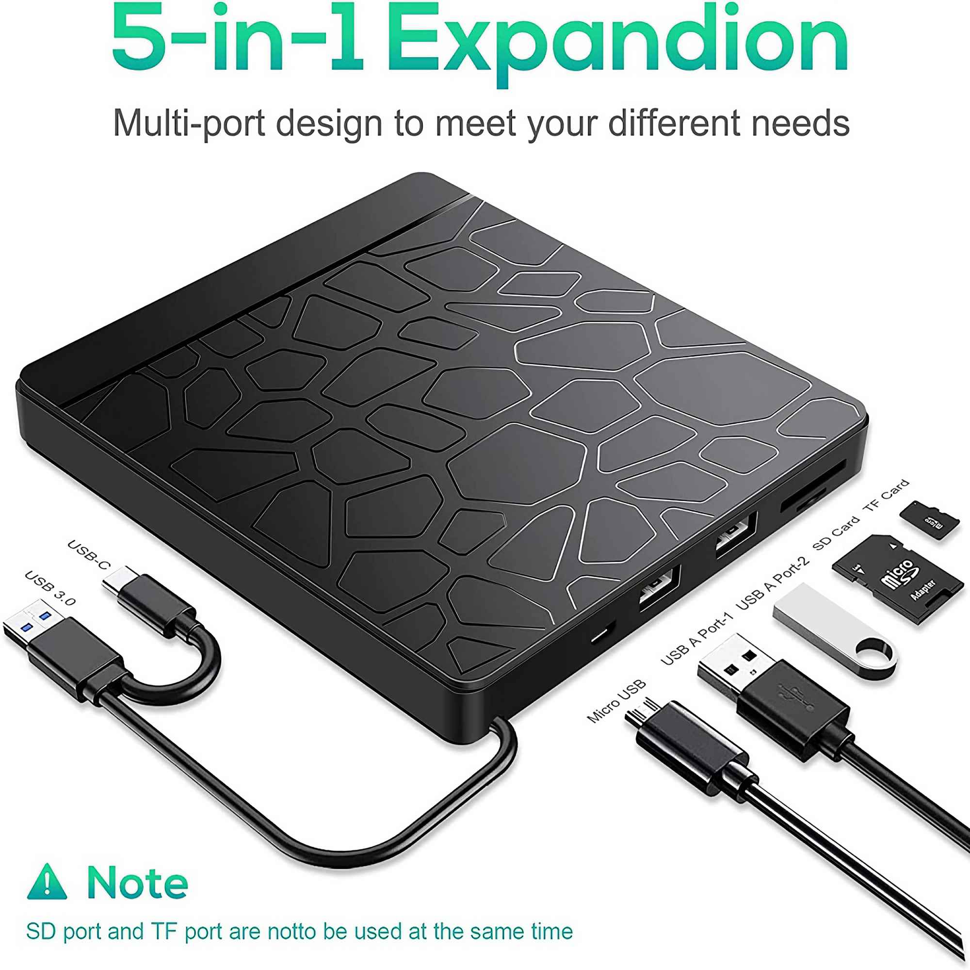 Ein schwarzer 5-in-1-Erweiterungs-Hub mit mehreren Anschlüssen, einschließlich USB- und SD-Kartensteckplätzen, und verschiedenen Adapterkabeln.