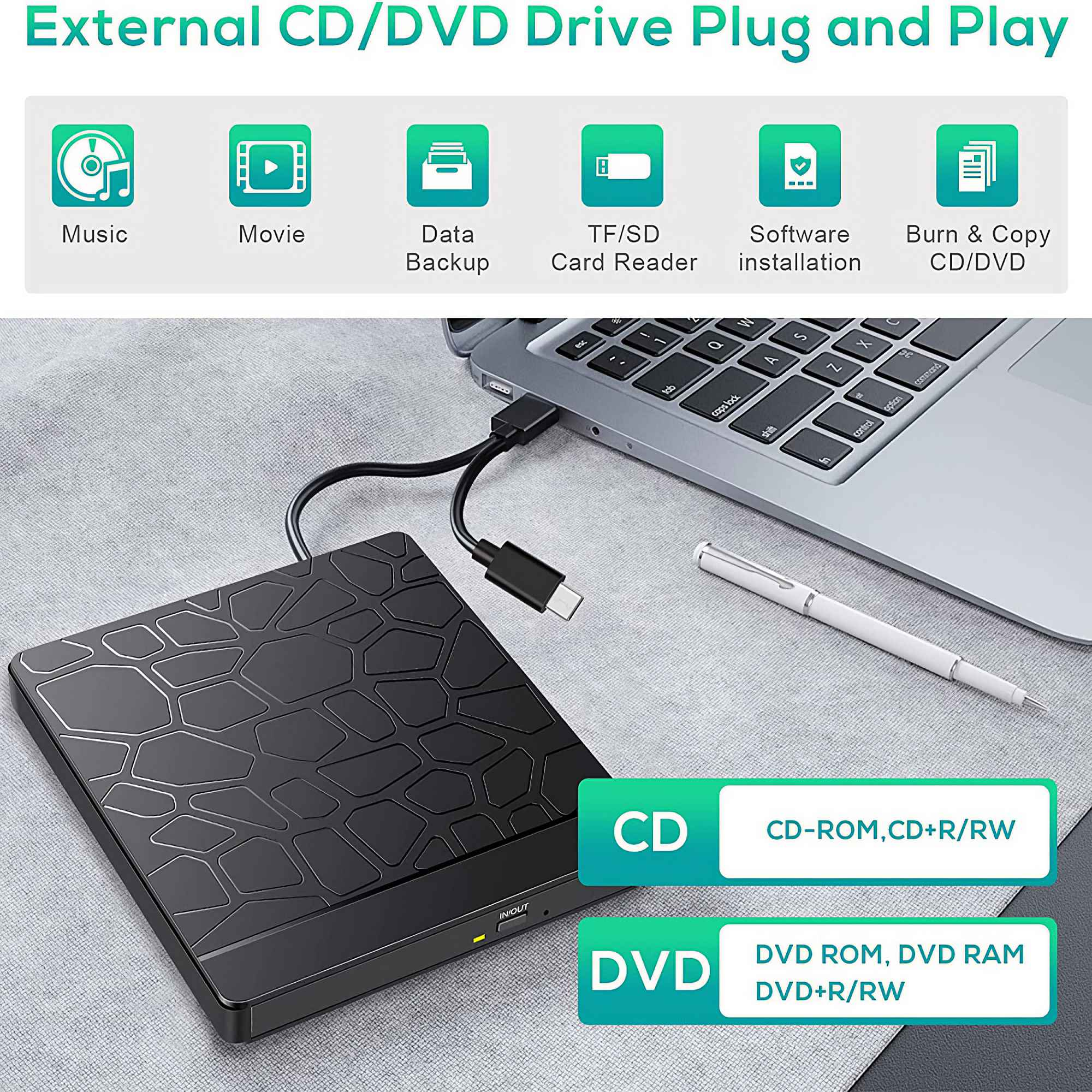 Schwarzes externes CD/DVD-Laufwerk, das an einen Laptop angeschlossen ist. Symbole für Musik, Filme und Datensicherung werden angezeigt.