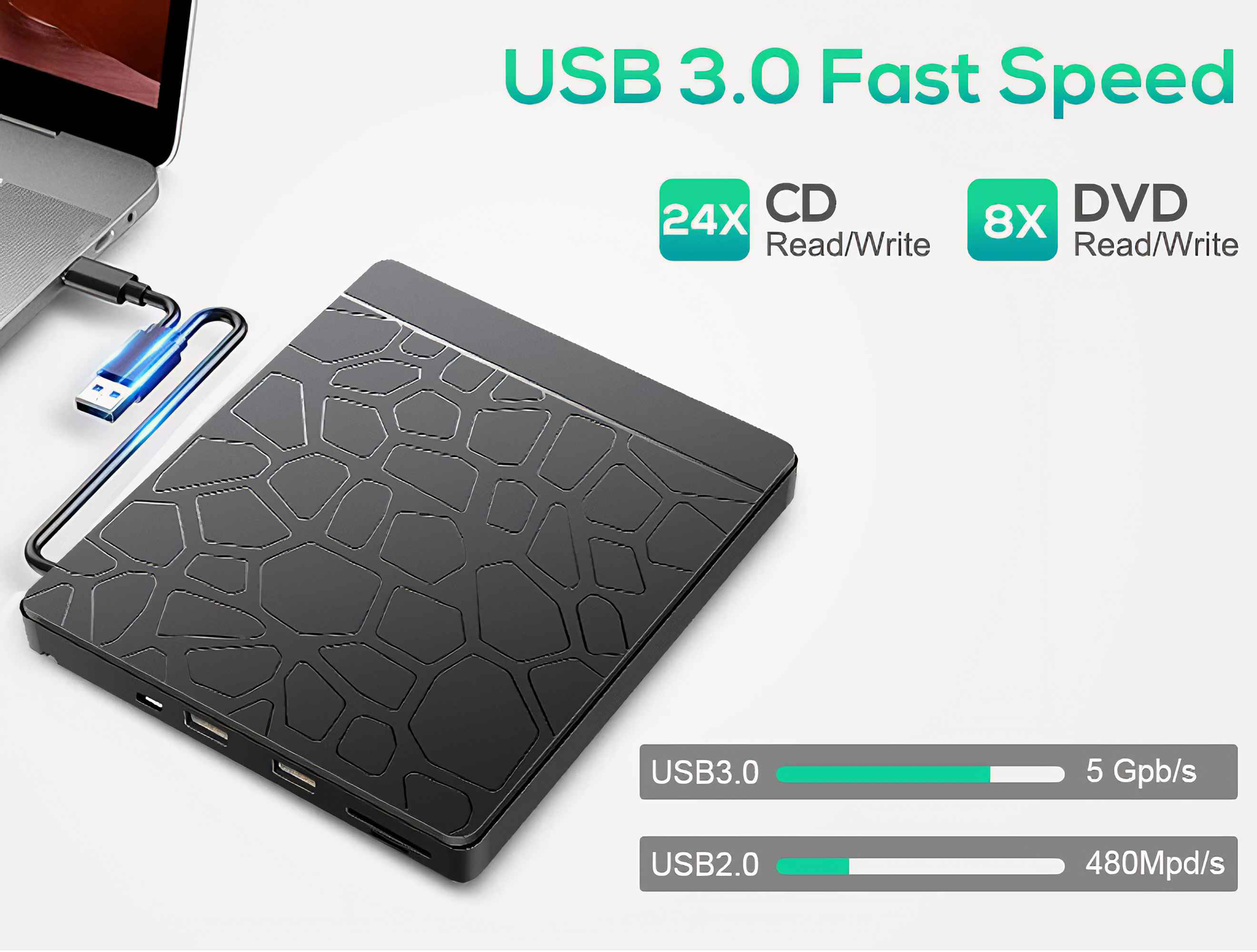 Eine schwarze externe Festplatte ist über ein USB-Kabel mit einem Laptop verbunden. Text: USB 3.0 Fast Speed.