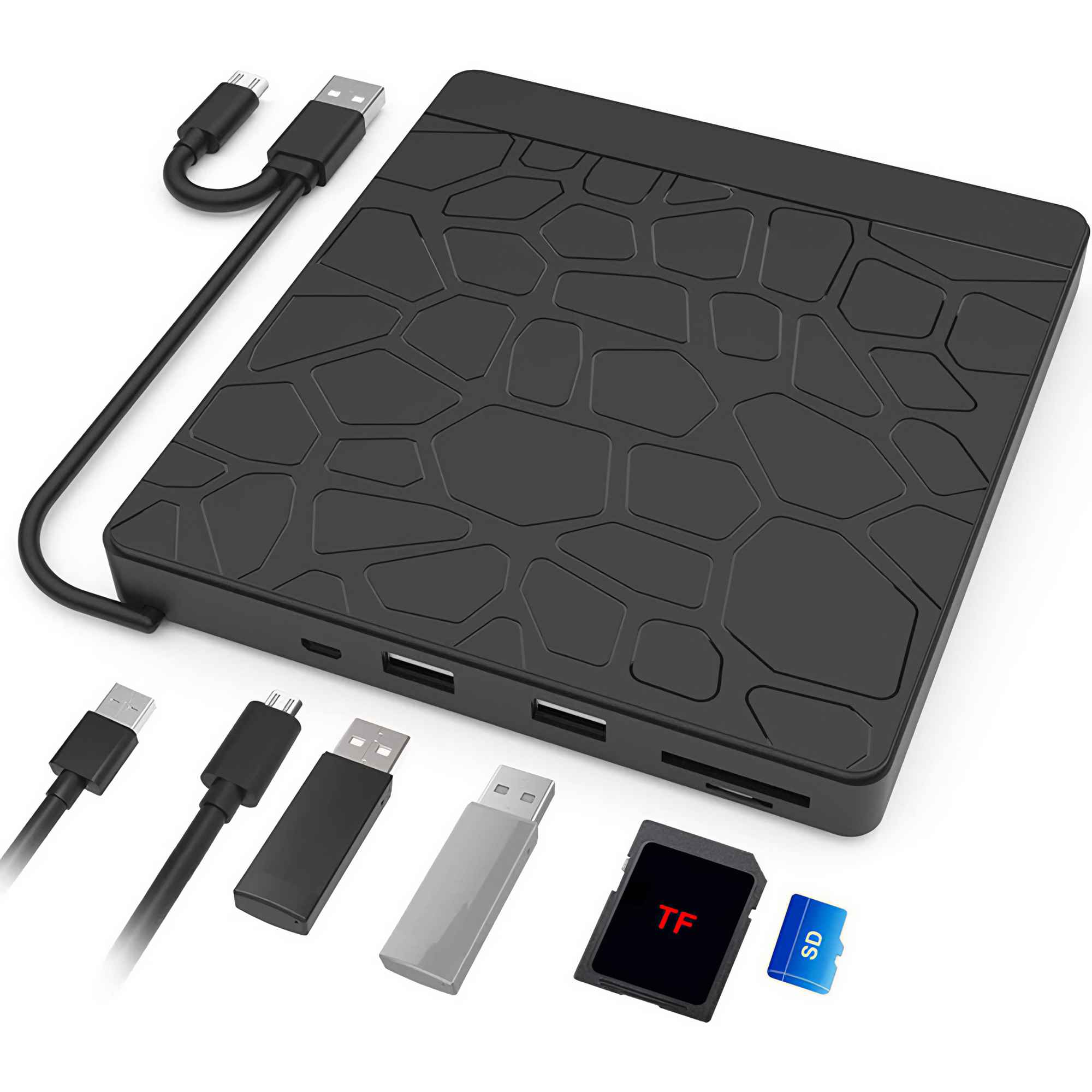 Schwarzer USB-Hub mit mehreren Anschlüssen, strukturierter Oberfläche und verschiedenen Kabeln und Kartenlesern.