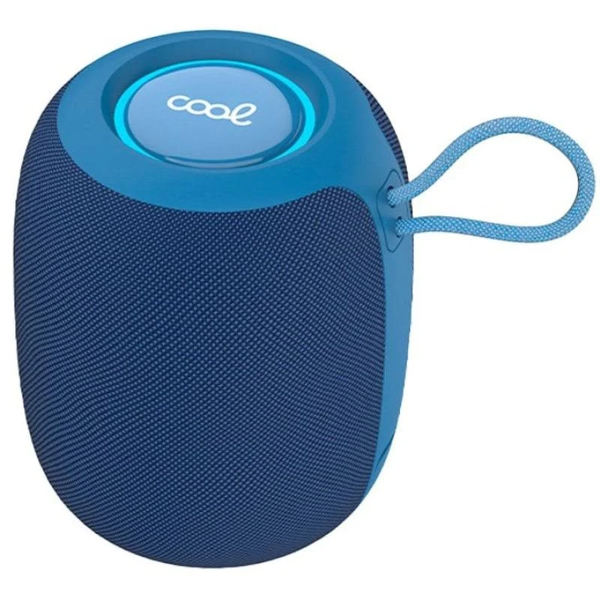 Altoparlante portatile blu con anello per il trasporto. L'altoparlante ha una trama a rete e la parola 'cool' in alto.