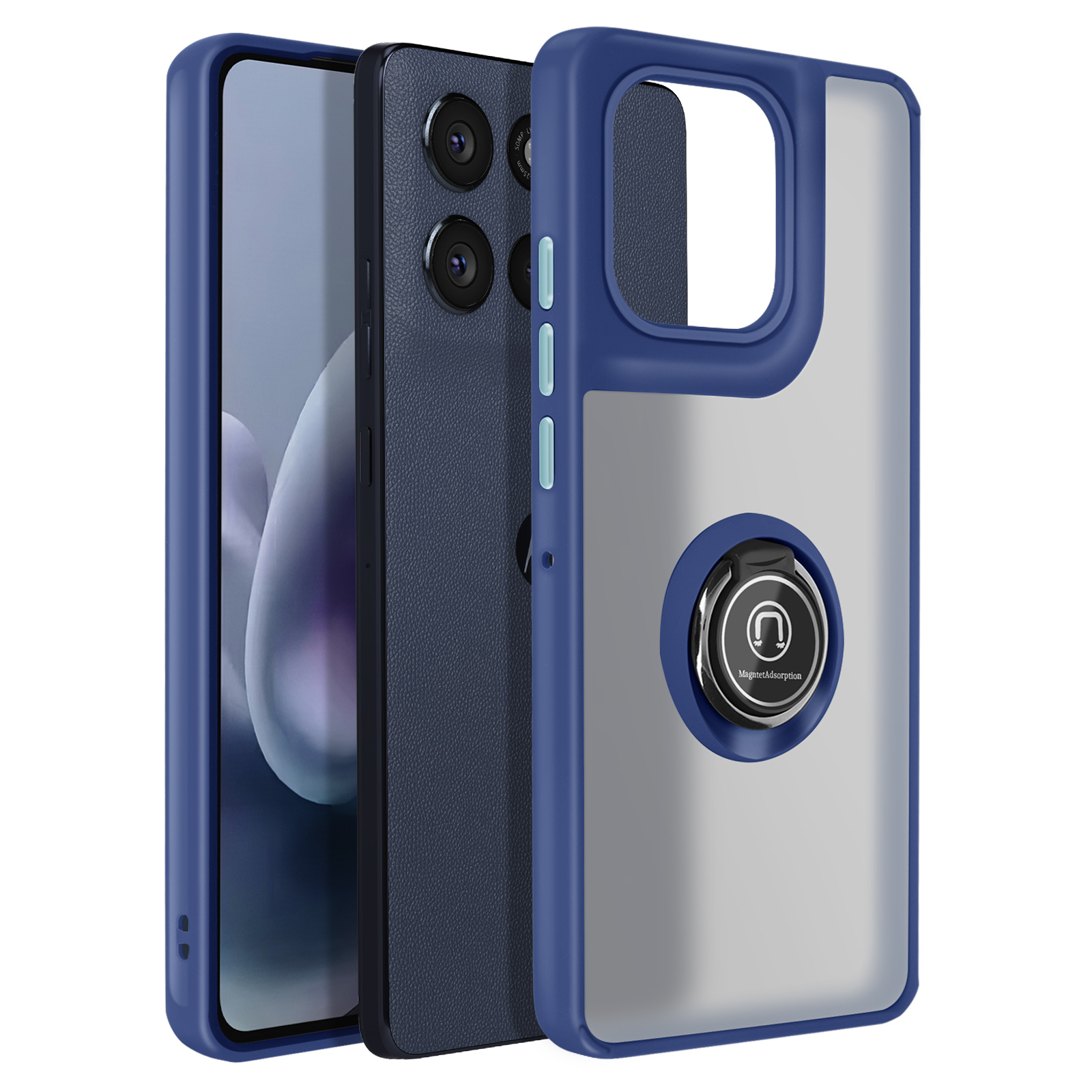 Drie smartphones in hoesjes. Blauwe hoes links. Donkerblauwe telefoon in het midden. Transparante hoes met ringhouder rechts.