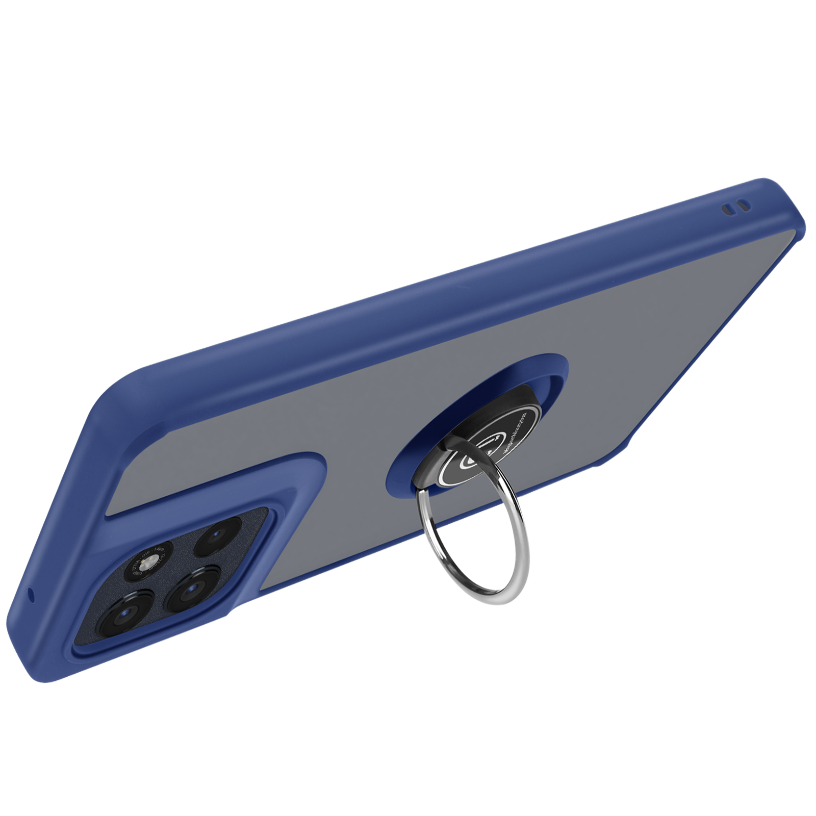 Een blauwe telefoonhoes met een zilveren ringstandaard wordt getoond. De hoes heeft een grijze achterkant en een cameramodule.