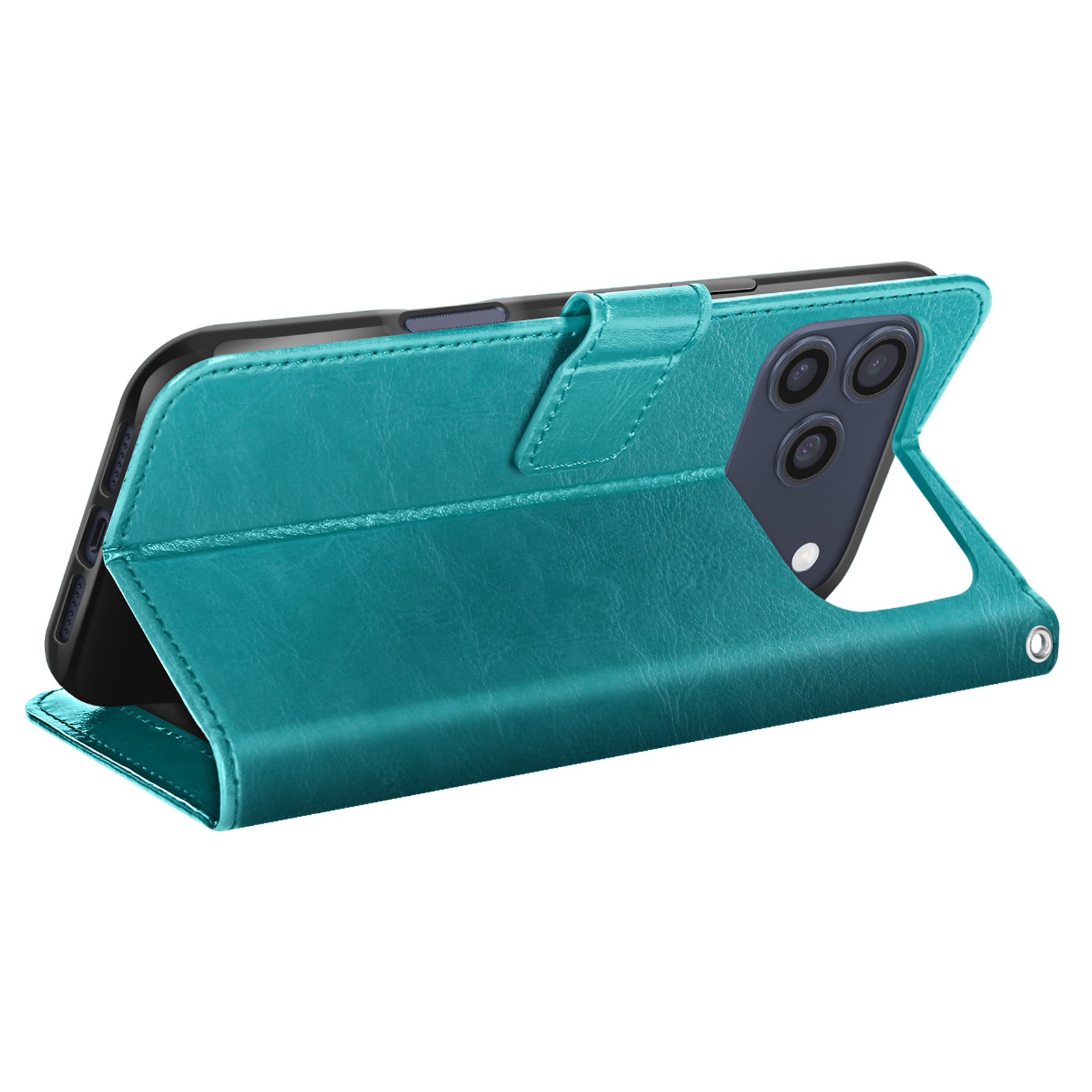 Una custodia per telefono verde acqua è aperta, rivelando un telefono nero con tre fotocamere. La custodia ha una chiusura magnetica.