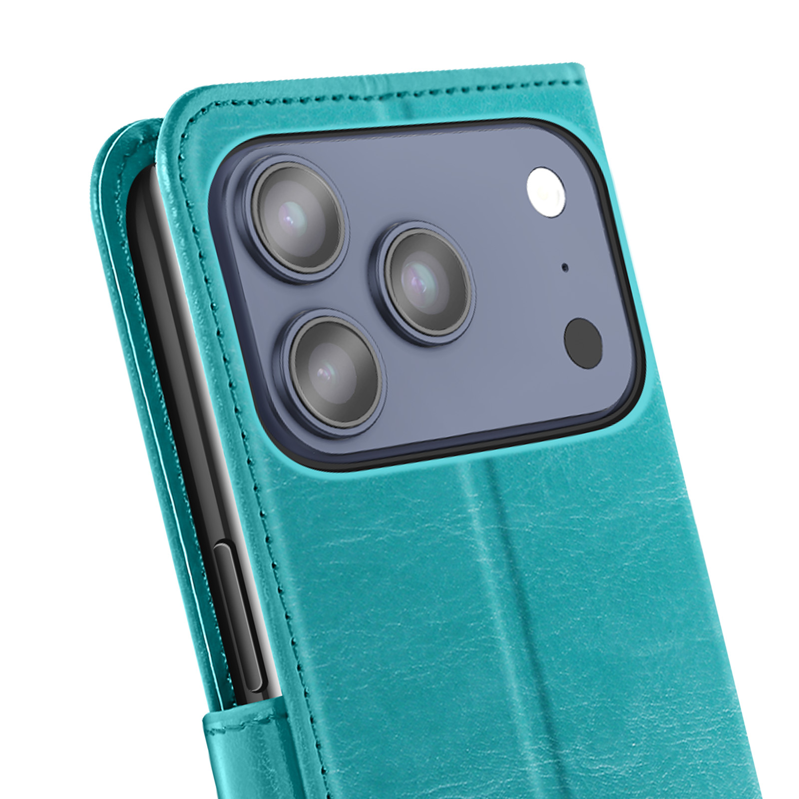 Una custodia per telefono verde acqua che mostra gli obiettivi della fotocamera e il flash del telefono. La custodia sembra essere in pelle.