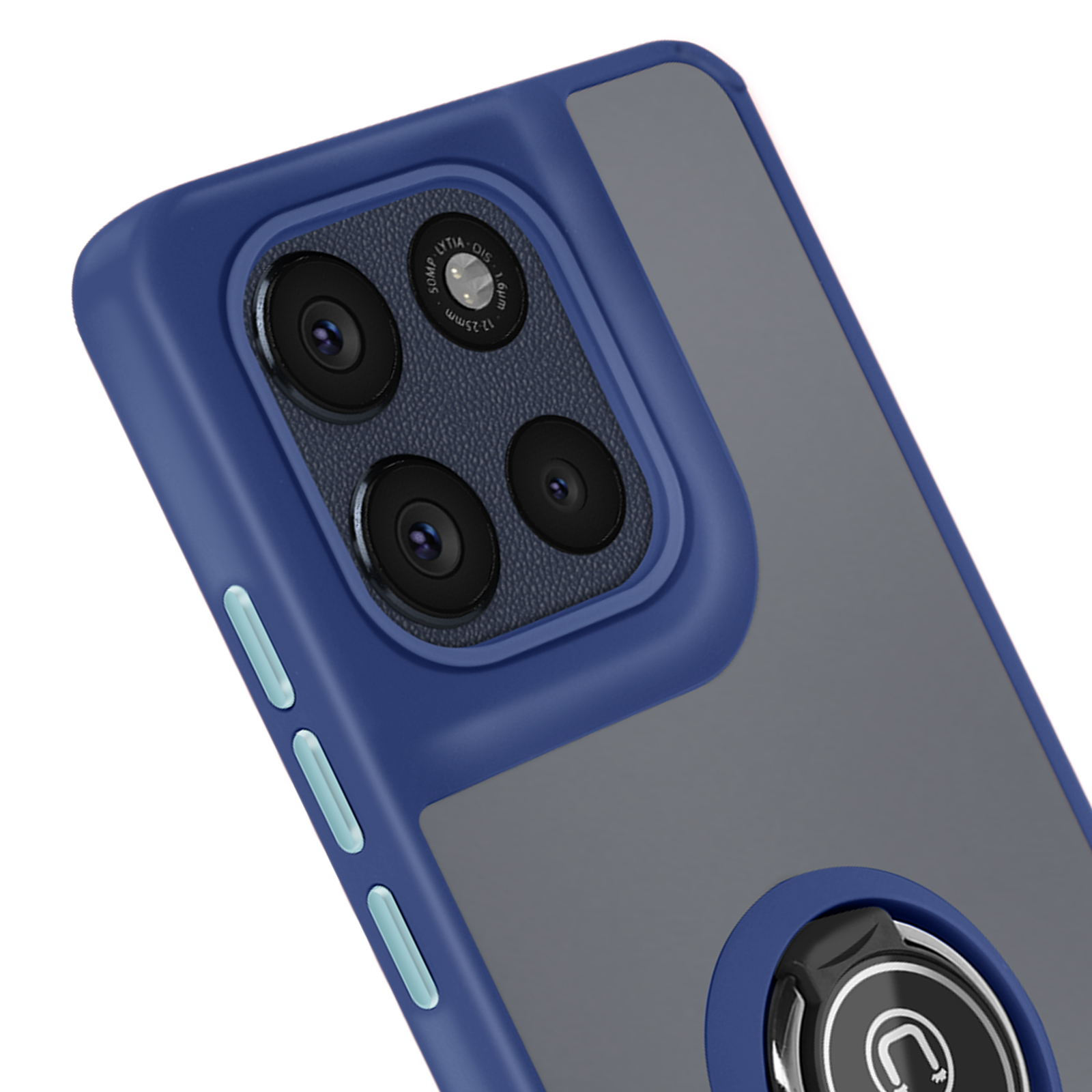 Een blauw-grijze telefoonhoes met meerdere cameralenzen, een ringhouder en zijknoppen wordt getoond.