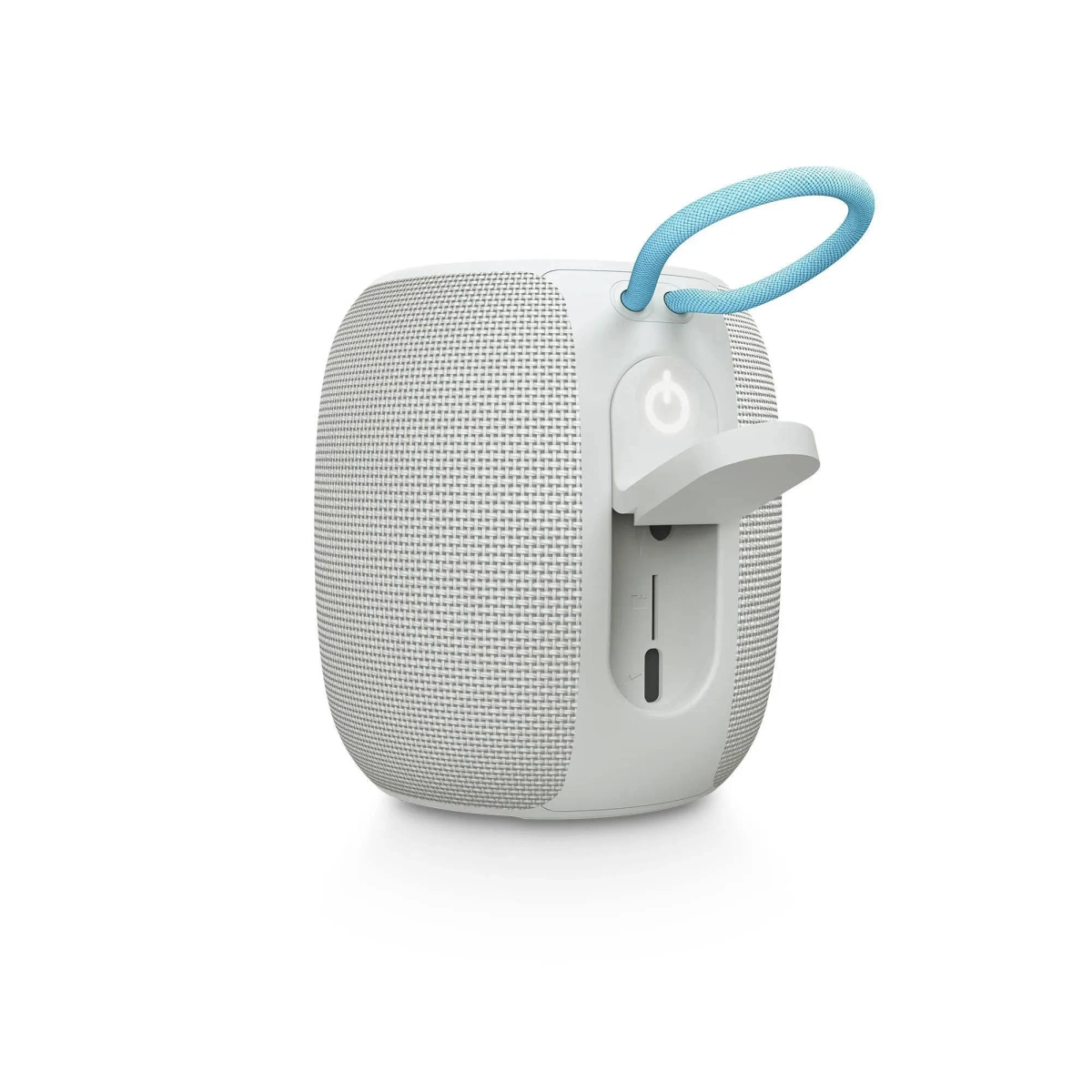 Altoparlante bianco con manico blu. L'altoparlante ha una parte anteriore a rete e un vano con sportello aperto. Isolato su bianco.