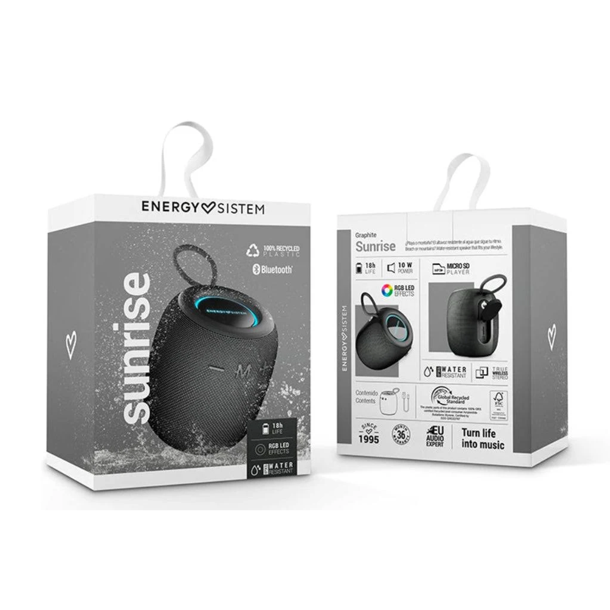 Una scatola con altoparlante nero 'Sunrise'. Include Bluetooth, 18h di durata e resistenza all'acqua. Con maniglia.