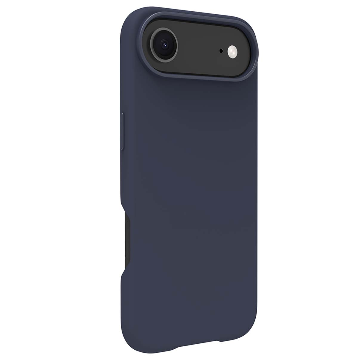 Una custodia per telefono blu scuro. Ha un ritaglio per la fotocamera in alto con un obiettivo nero. La custodia è liscia e ha un pulsante laterale.