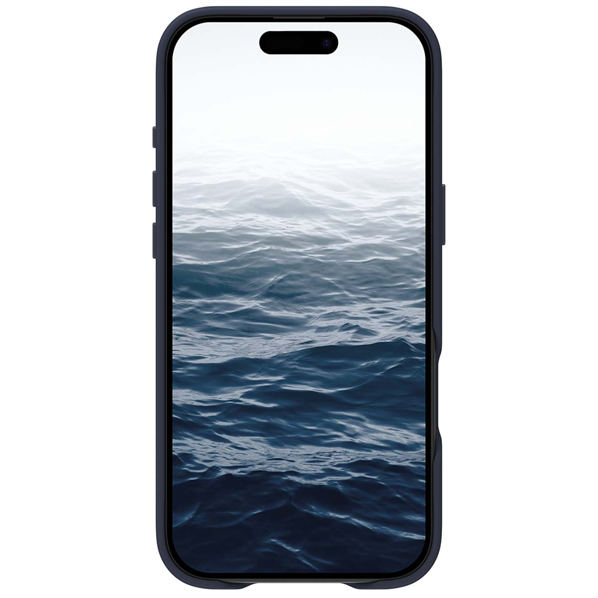 Uno smartphone mostra una scena oceanica blu. Il telefono è in una custodia blu scuro, con un ritaglio nero per la fotocamera in alto.