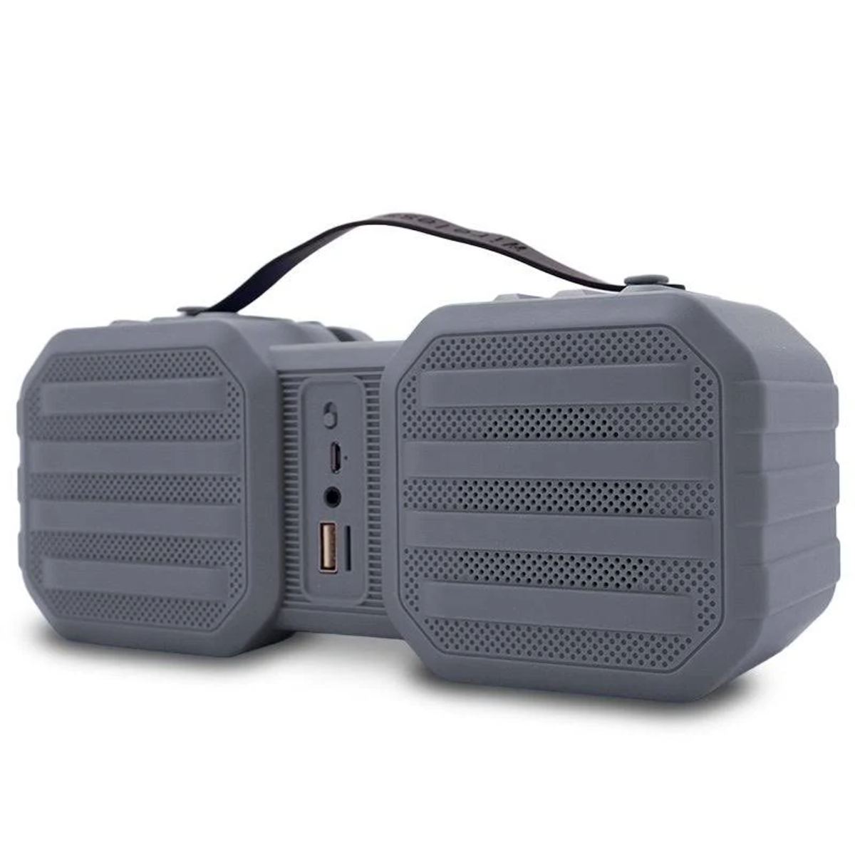 Un altavoz portátil gris con asa negra. Tiene puertos en el lateral y una cubierta perforada para el altavoz.