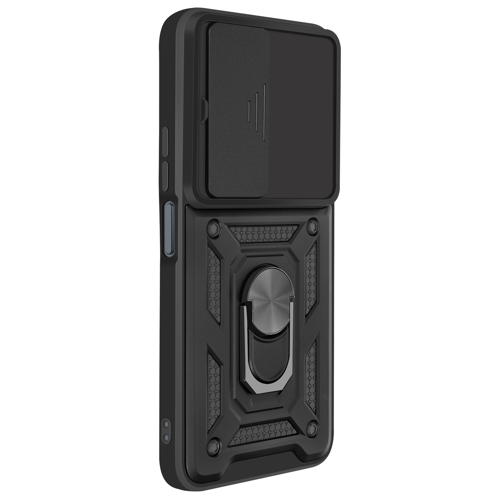 Custodia nera per telefono con copertura fotocamera e anello. Motivi geometrici e bottoni.