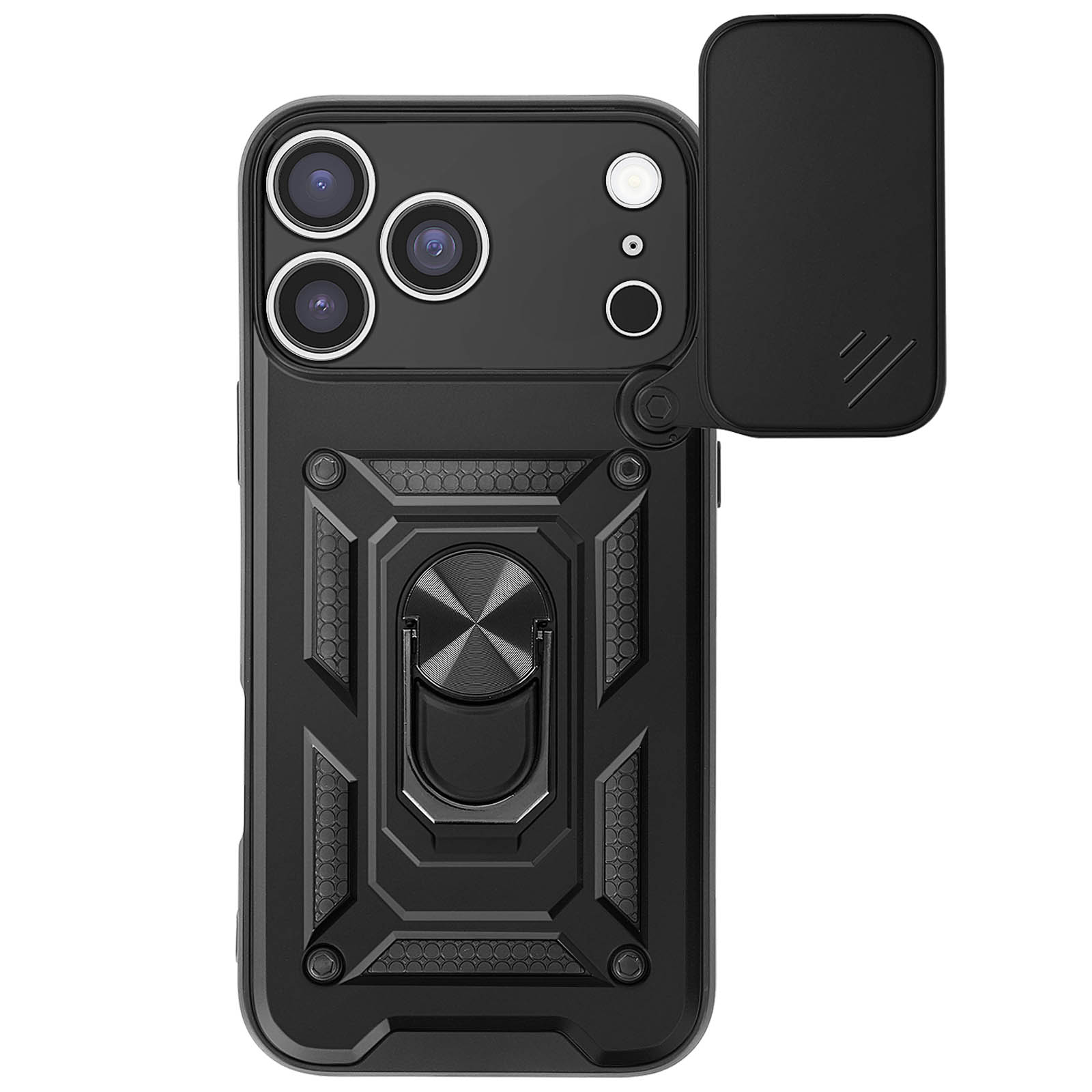 Coque de téléphone noire avec découpes pour appareil photo et cache coulissant. Il possède un support de bague et un design texturé.
