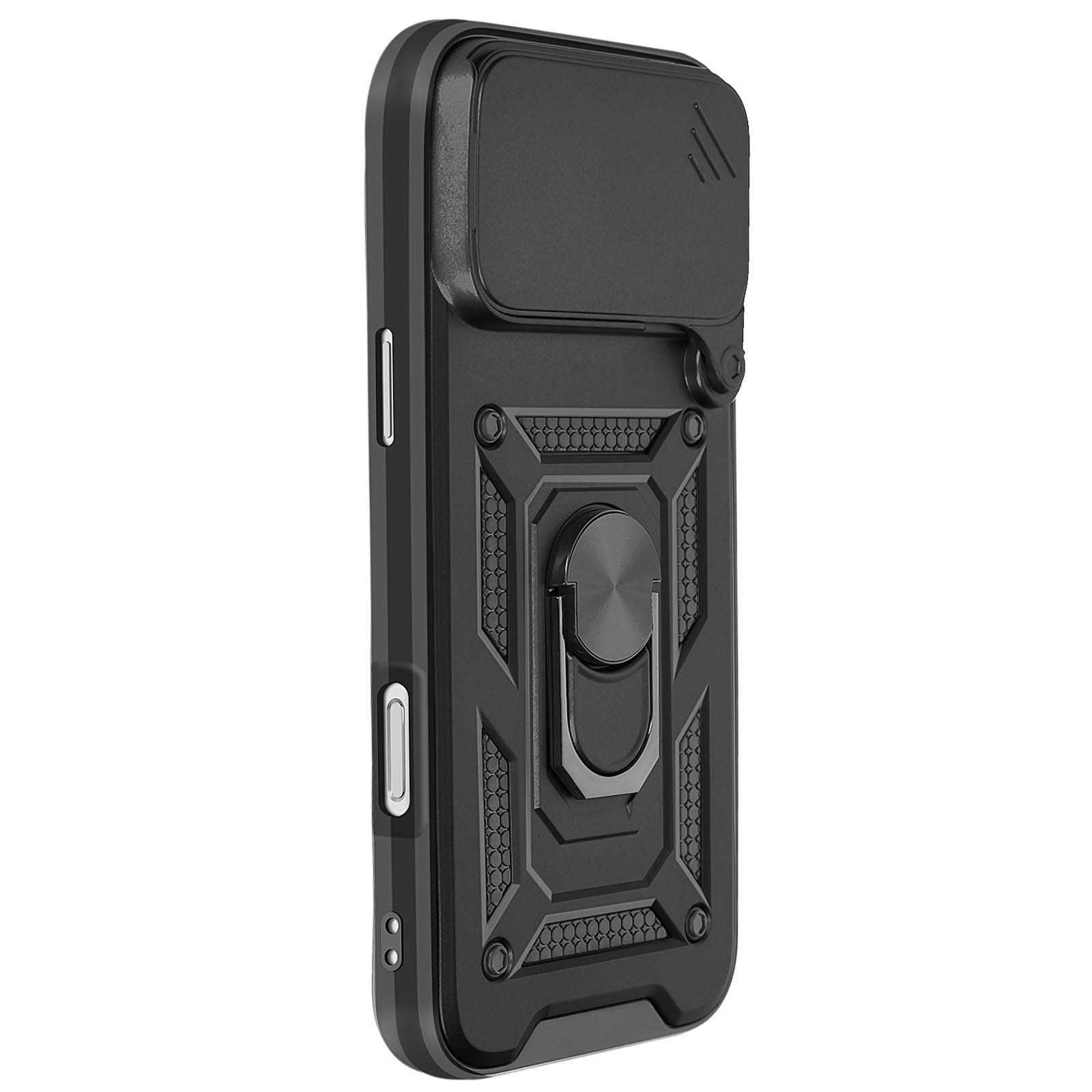 Coque de téléphone noire avec cache caméra, support de bague et design texturé. Elle est sur fond blanc.