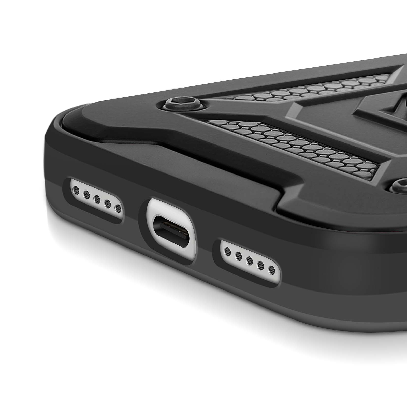 Gros plan sur une coque de téléphone noire avec un port de charge et des trous de haut-parleur. Design hexagonal sur le dessus.