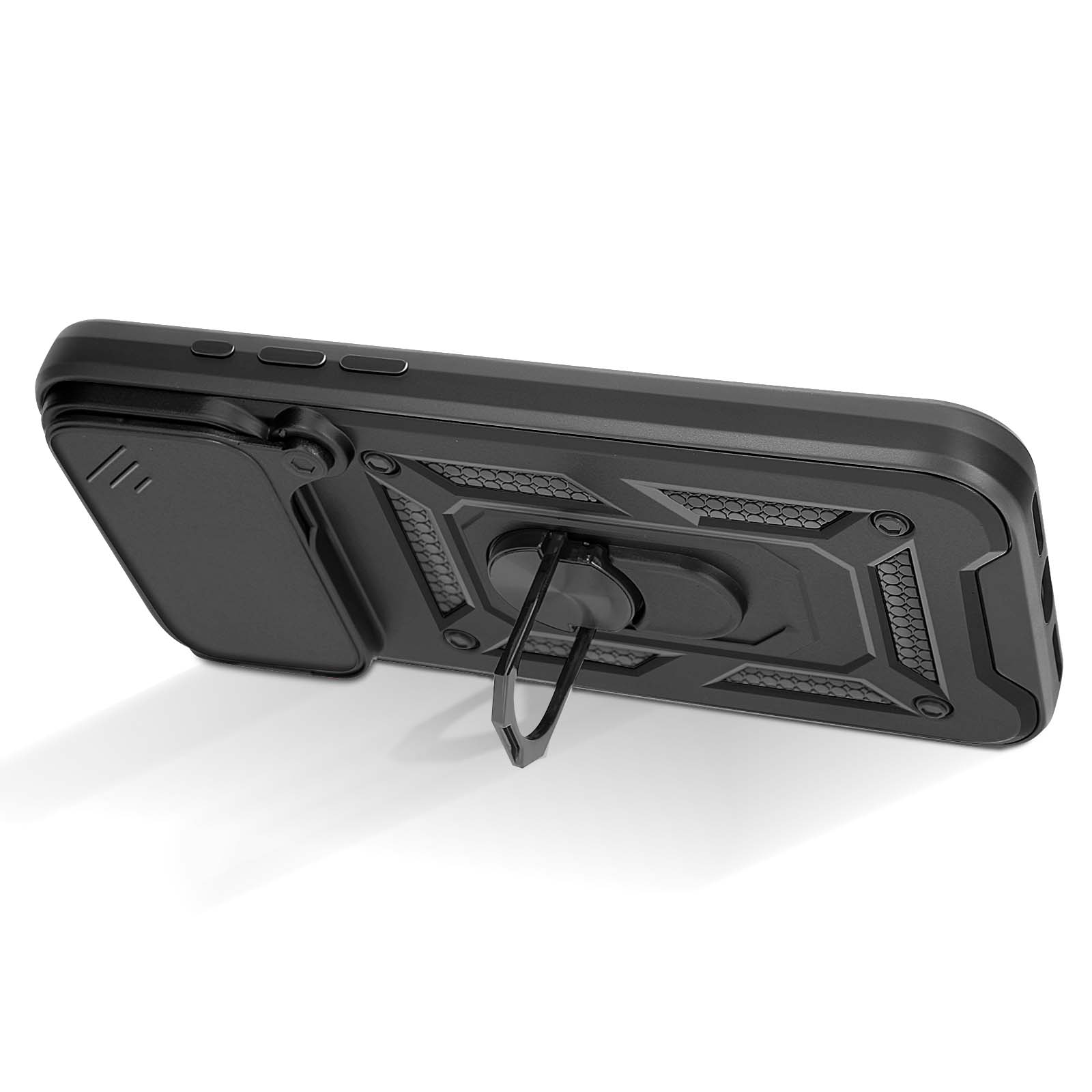 Une coque de téléphone noire avec un anneau. Elle est inclinée, montrant le côté avec les boutons et un cache caméra.