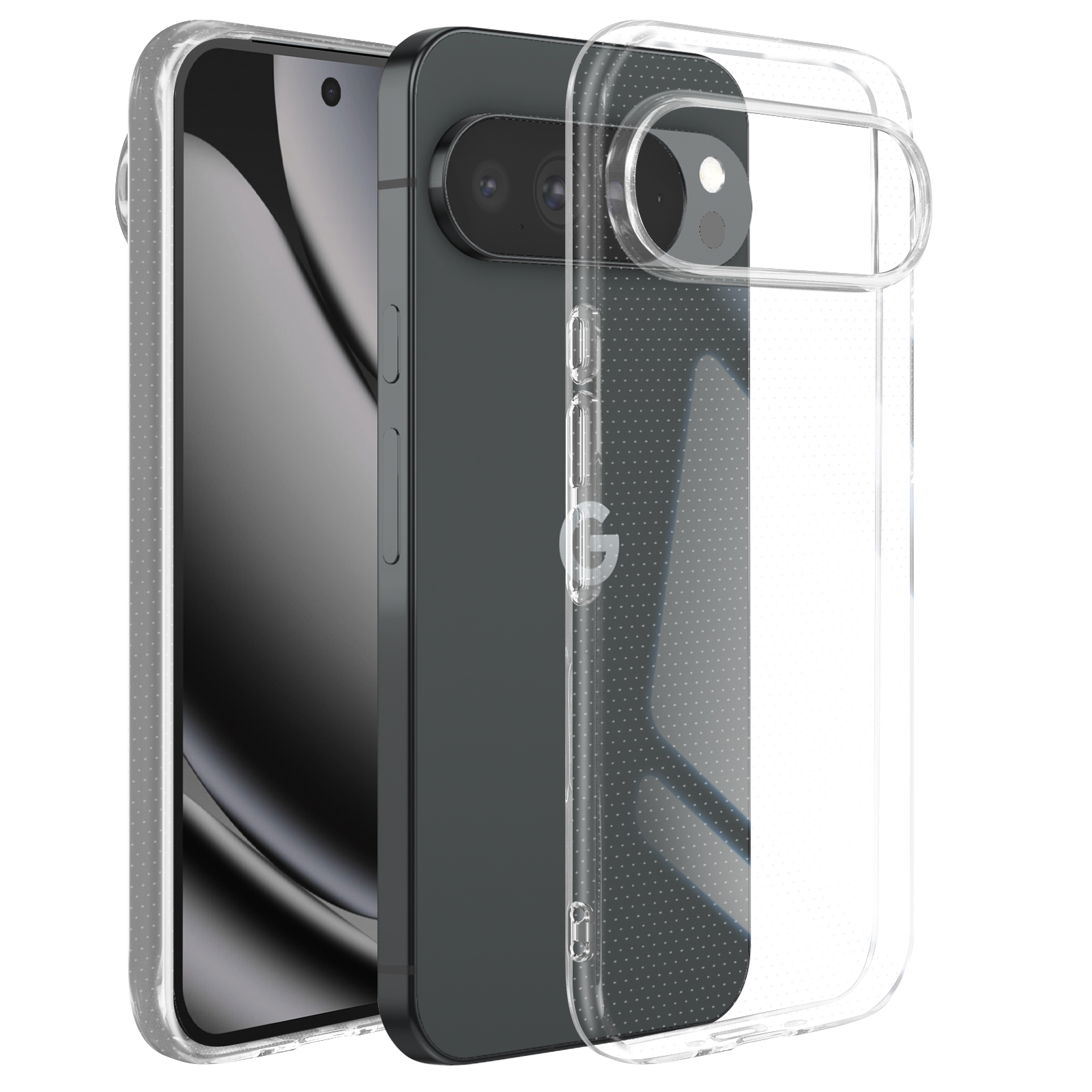 Uno smartphone in una custodia trasparente. Il telefono è nero con un'ammaccatura per la fotocamera. La custodia è trasparente.