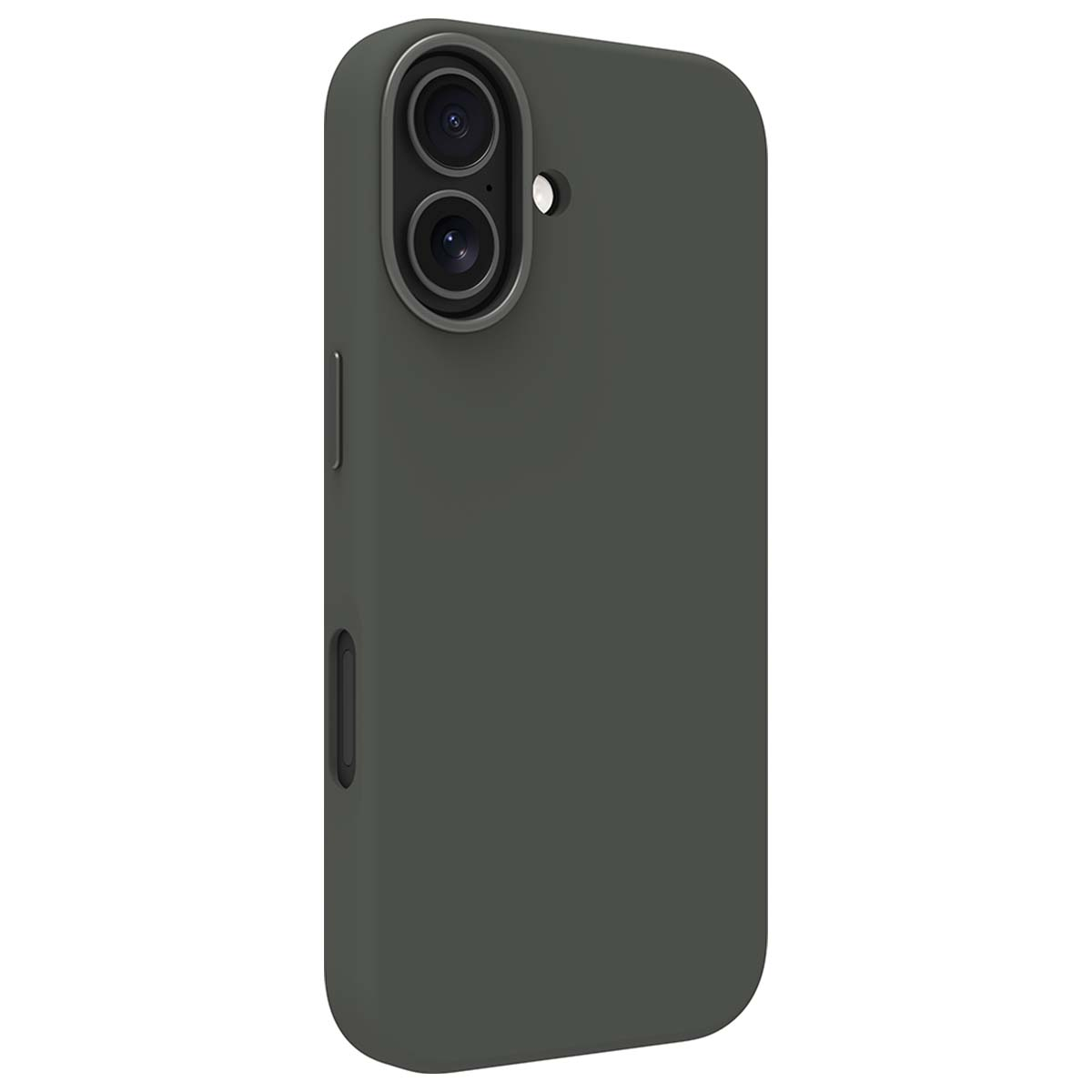 Una custodia per telefono grigio scuro con un modulo fotocamera. La custodia è liscia e ha bordi arrotondati. La fotocamera ha due lenti.
