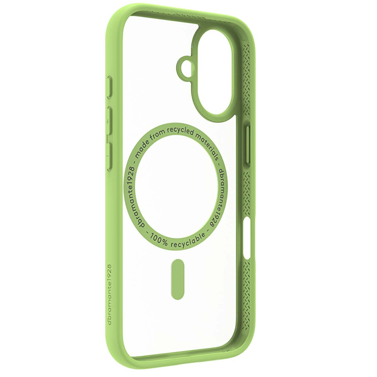 Una custodia verde per telefono. Ha un retro trasparente e una cornice verde. Il testo dice 'realizzato con materiali riciclati' e '100% riciclabile'.