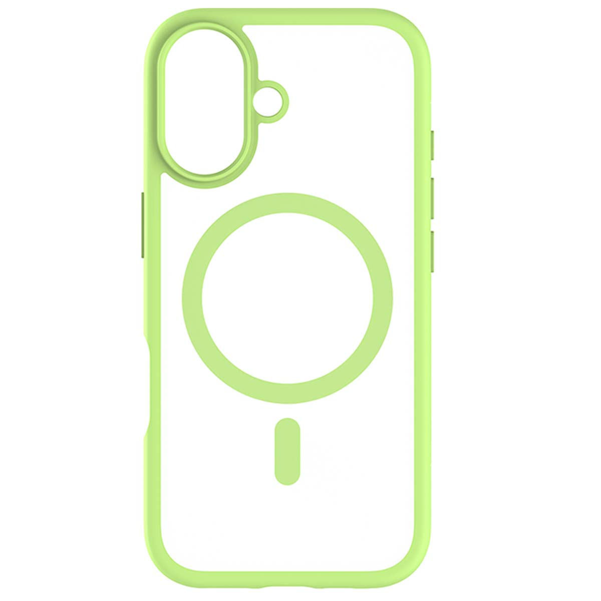 Una custodia per telefono traslucida con una cornice verde lime. Ha ritagli per la fotocamera e i pulsanti e un cerchio per MagSafe.