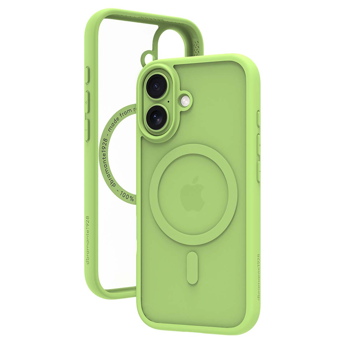 È mostrata una custodia verde per telefono con una cornice trasparente. Ha un cerchio con il logo Apple e un ritaglio per la fotocamera.