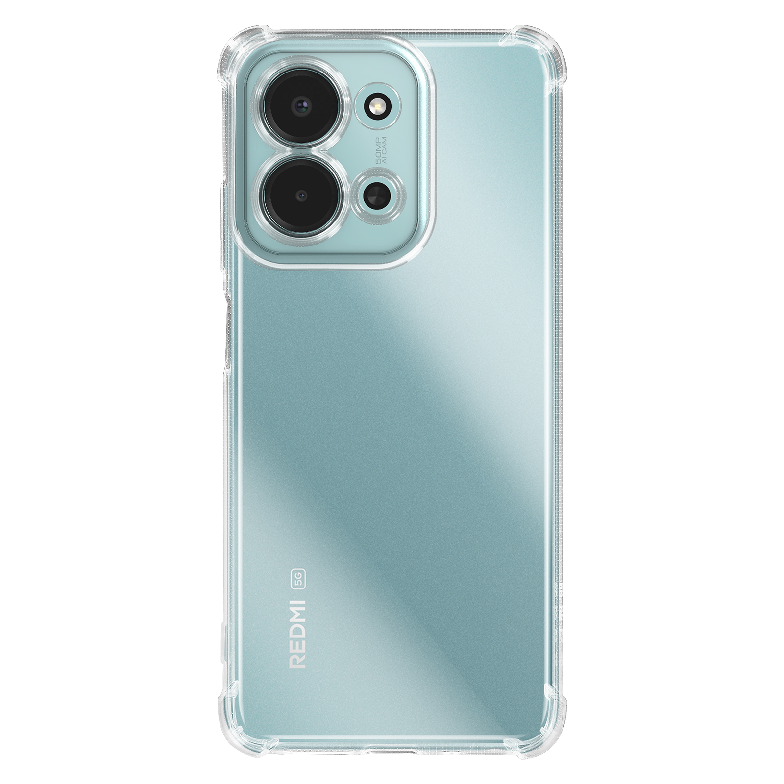 Un smartphone vert menthe dans un étui de protection transparent. Le dos montre le logo Redmi et les lentilles de la caméra.