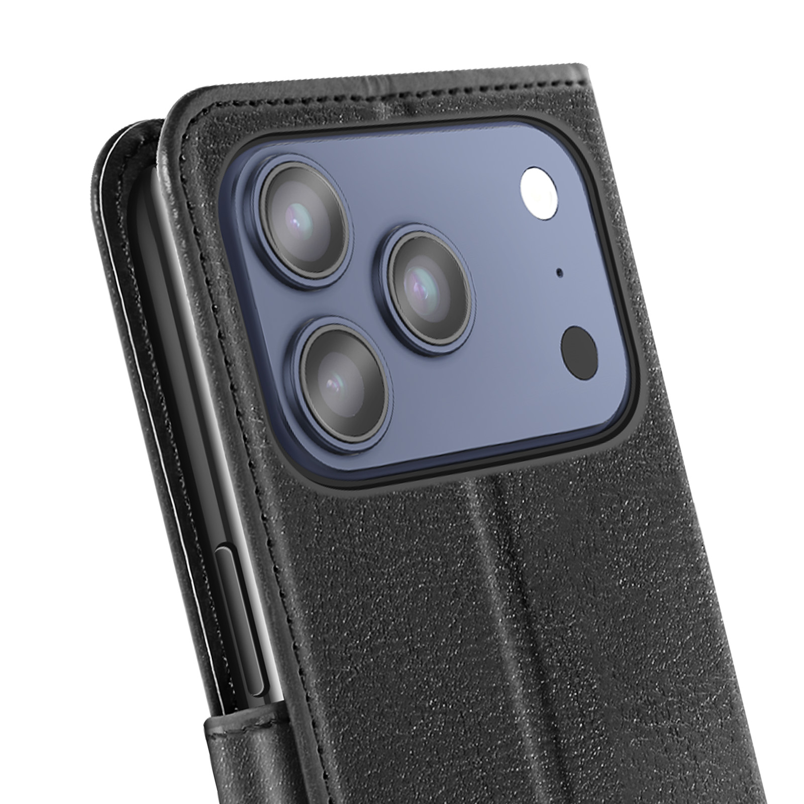 Close-up van een zwarte telefoonhoes met een cameramodule. De hoes is open en onthult de cameralenzen en de flitser.