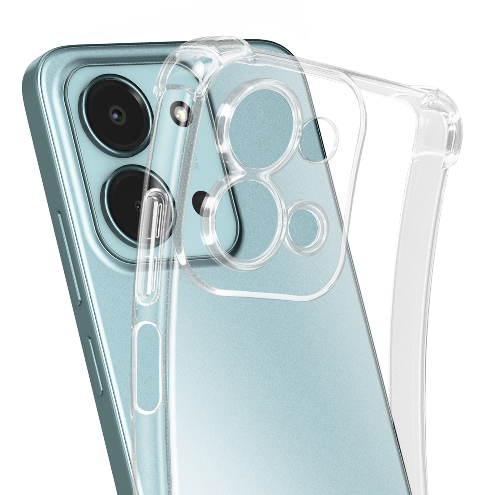 Une coque de téléphone transparente est sur un téléphone bleu. La coque a des ouvertures pour les lentilles de l'appareil photo. Le téléphone est incliné.
