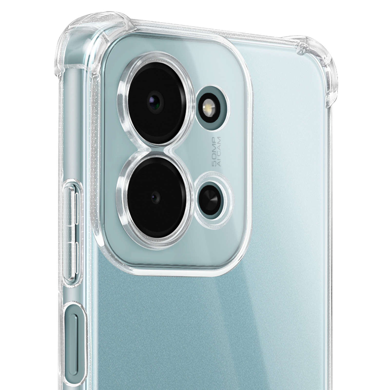 Gros plan d'un smartphone avec une coque de protection transparente. Les objectifs et l'arrière du téléphone sont visibles.