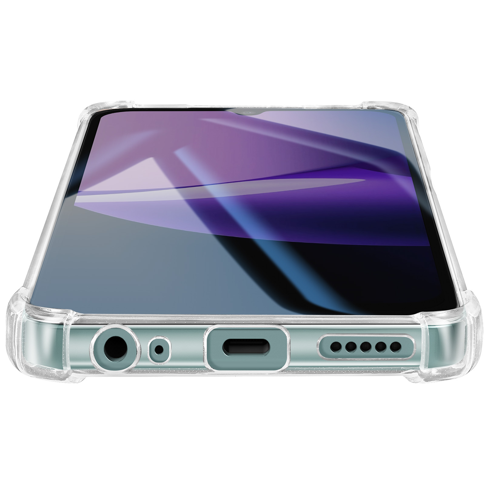 Coque de téléphone transparente sur fond blanc, montrant les ports du téléphone. L'écran affiche un design violet et bleu.