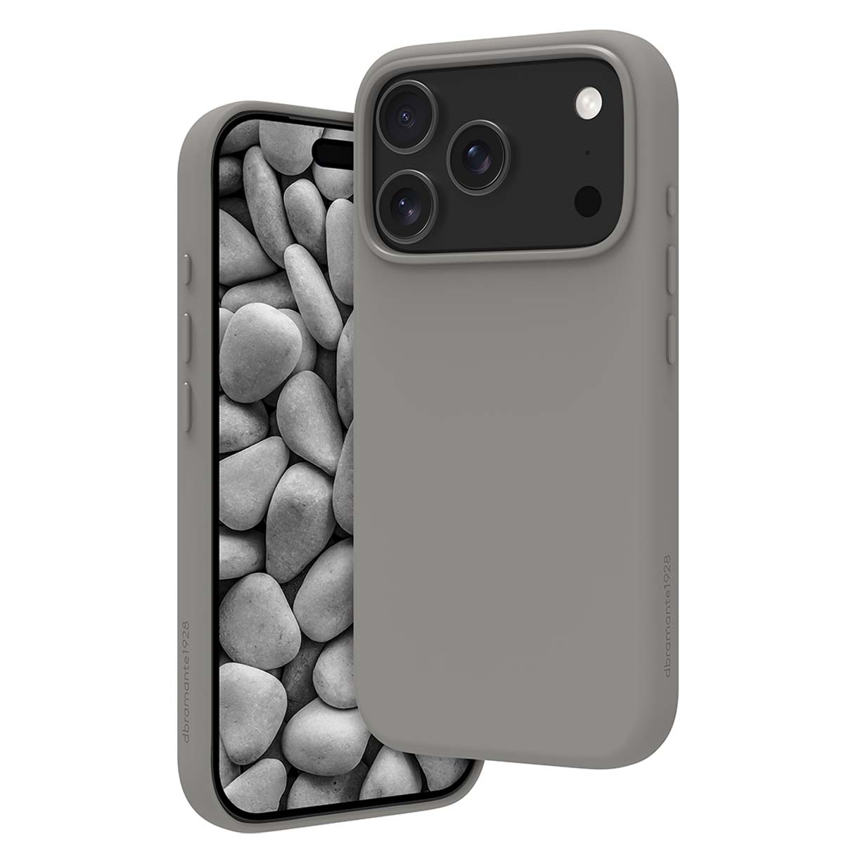 Un étui de téléphone gris avec trois objectifs d'appareil photo est sur un téléphone, affichant des pierres grises. L'étui est de dbramante1928.