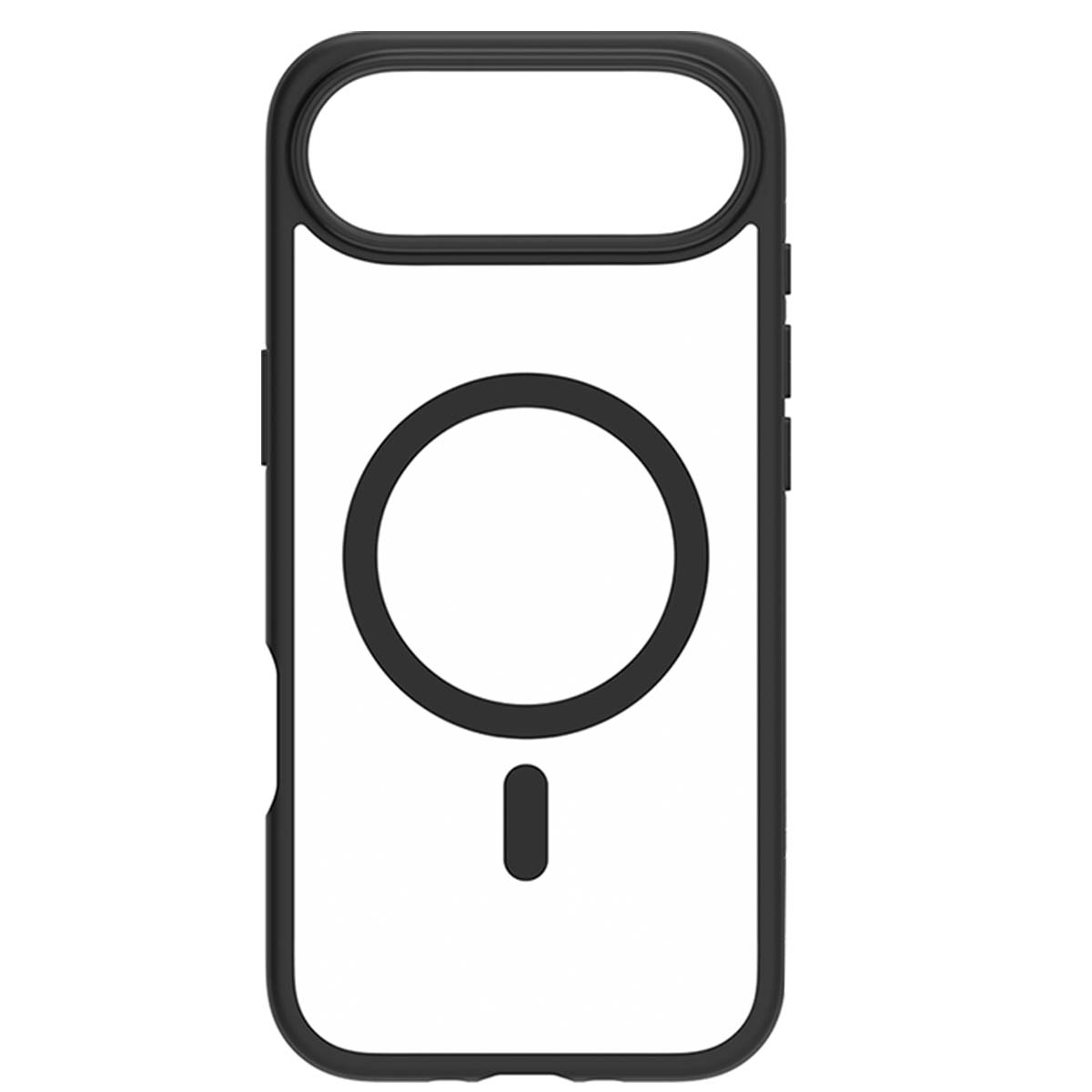 Custodia nera per telefono con centro trasparente. Ha un cerchio e un trattino all'interno, più un'apertura in alto per la fotocamera.