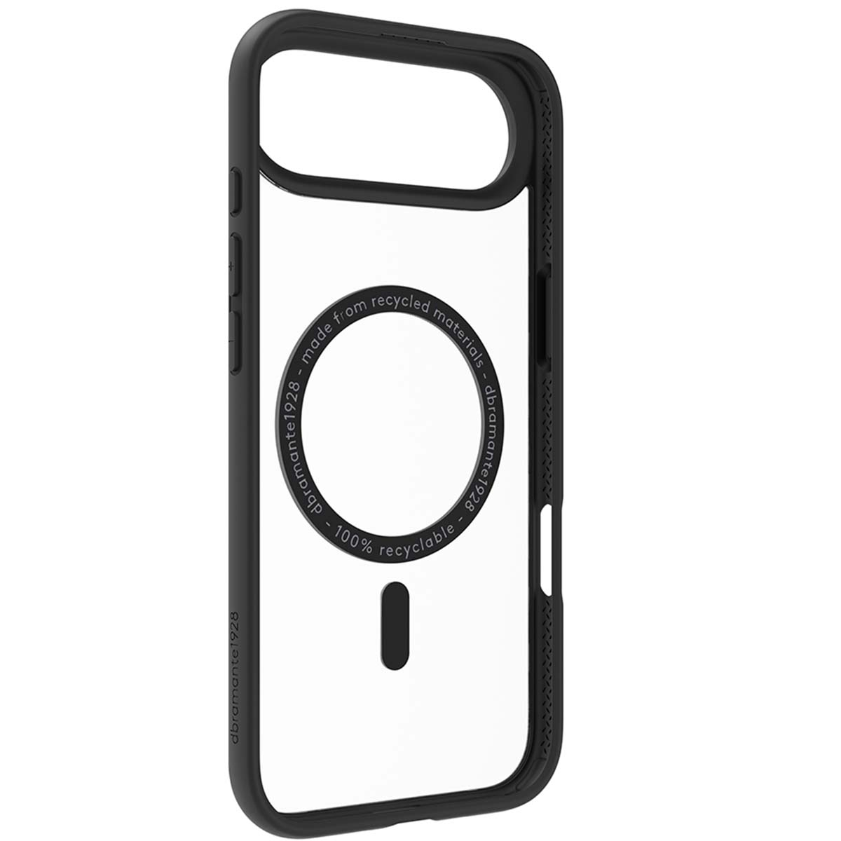 Custodia per telefono nera e trasparente. Il testo recita: realizzata con materiali riciclati, riciclabile al 100% e dbrandante1928.