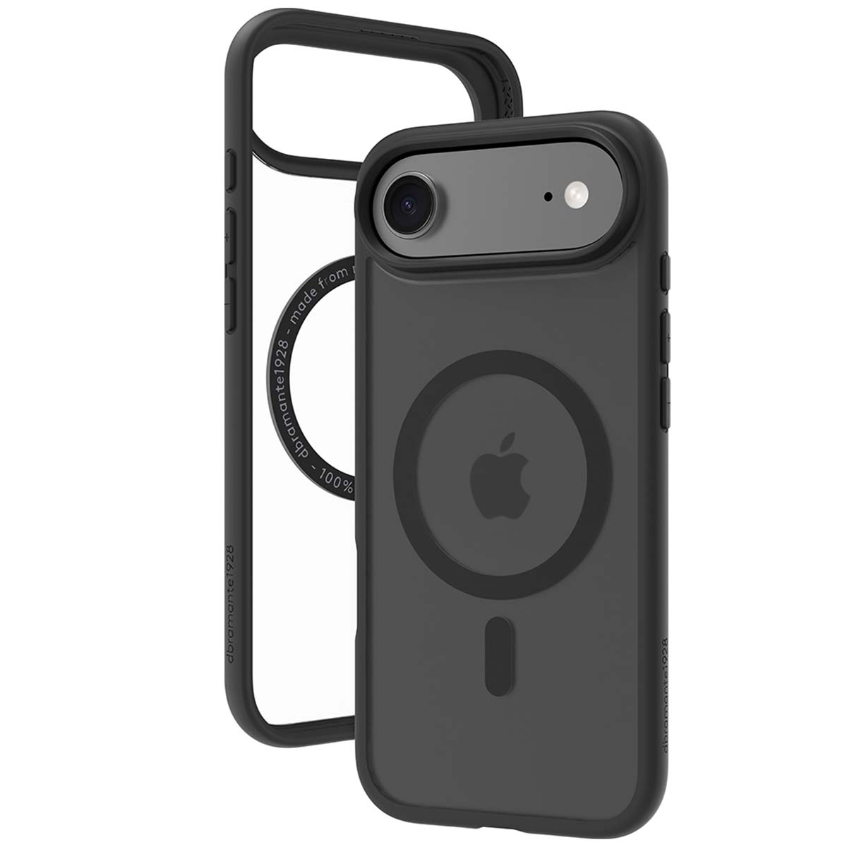 Una custodia nera per telefono con cornice trasparente e retro con logo Apple. La custodia è angolata per mostrare la fotocamera.