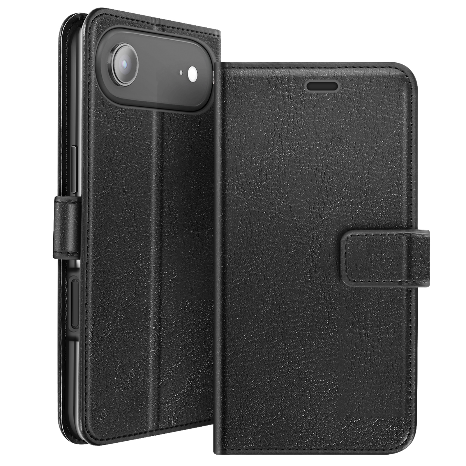 Custodia per telefono in pelle nera, aperta per rivelare il telefono. La custodia ha una chiusura magnetica.