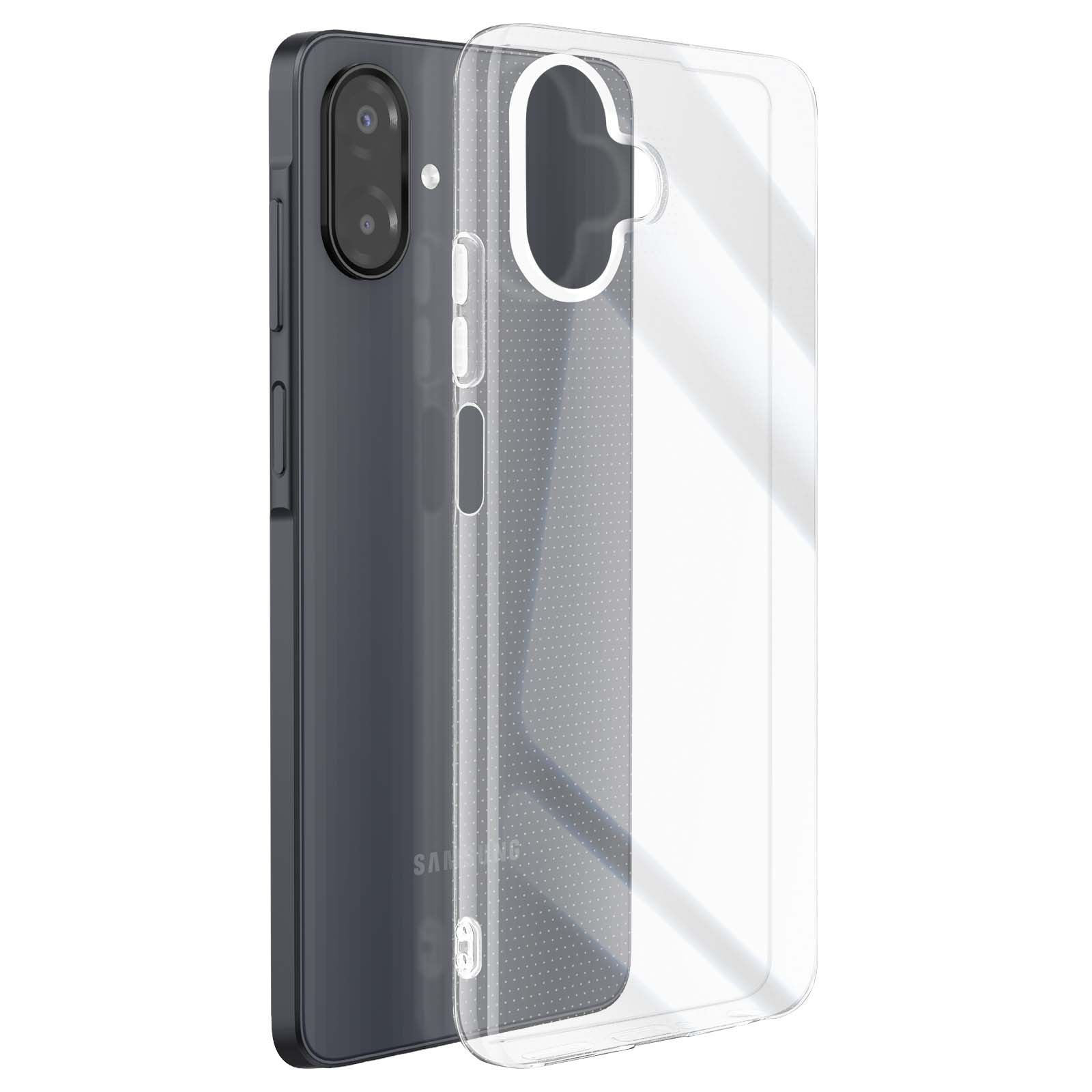 Un teléfono gris oscuro con una funda transparente. La funda está ligeramente abierta, mostrando la parte trasera del teléfono y la cámara.